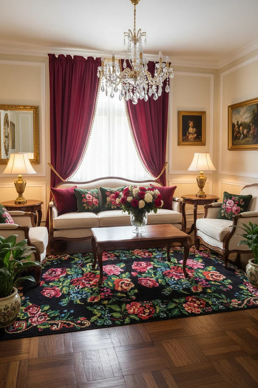 Siyah Gül Desenli Karabağ Kilim Halı-Pera Halı