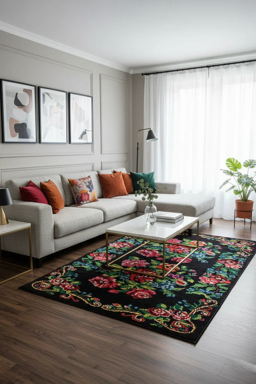 Siyah Gül Desenli Karabağ Kilim Halı-Pera Halı