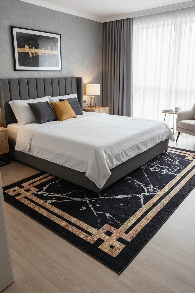 Siyah Mermer Tarzı Kenarlı Geometrik Halı-Pera Halı