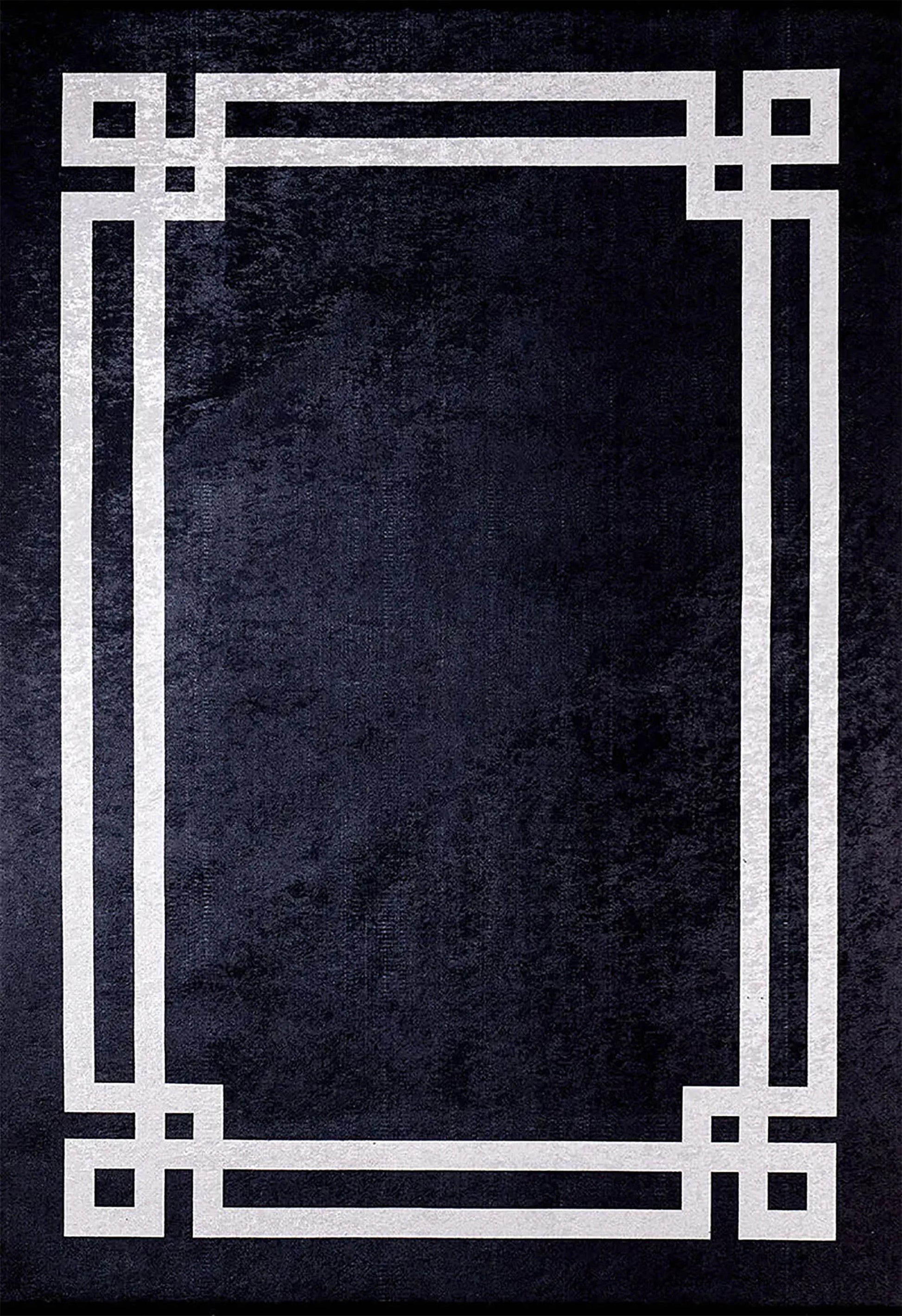 Siyah Zeminli Beyaz Art Deco Bordürlü Modern Halı-Pera Halı