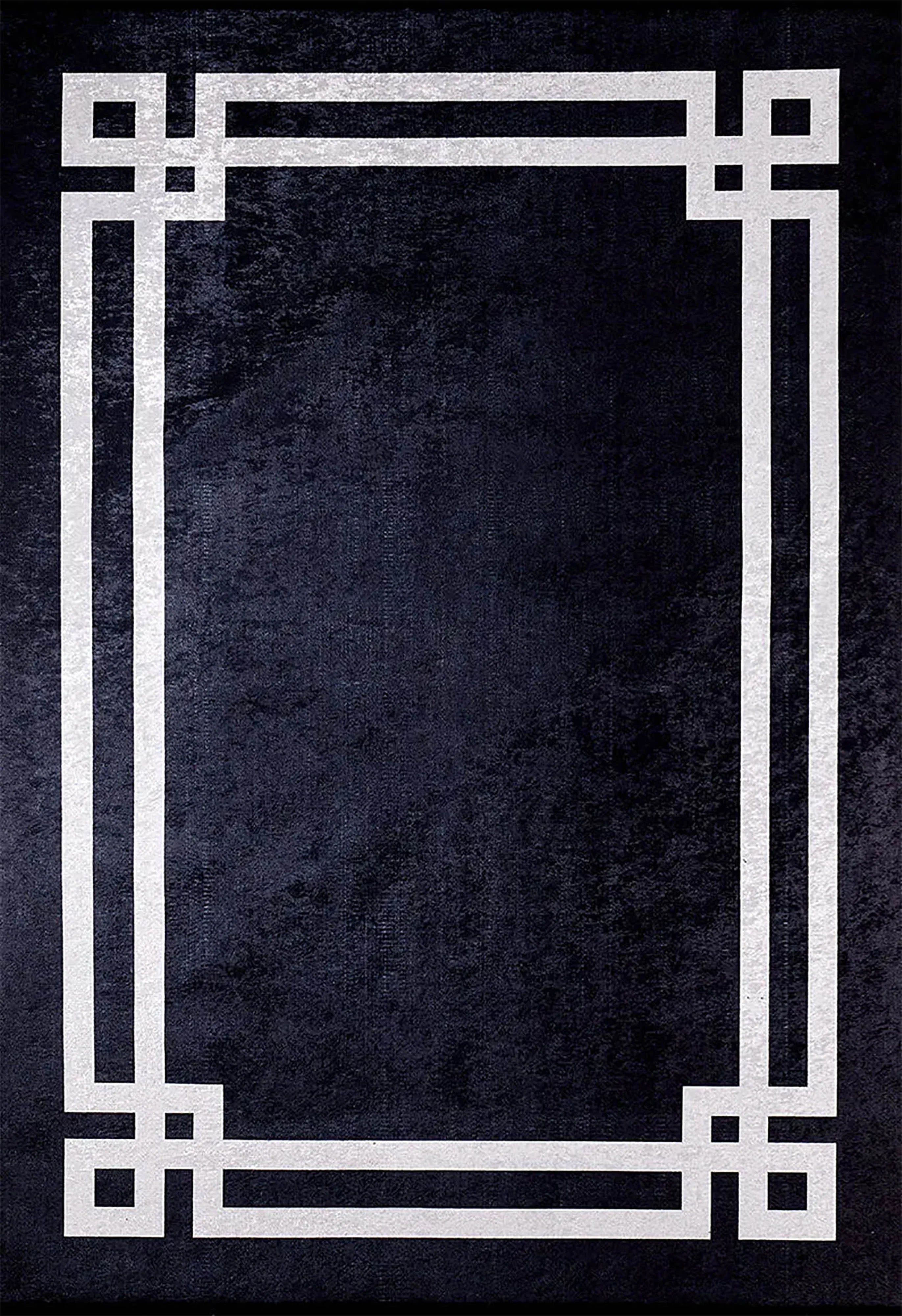 Siyah Zeminli Beyaz Art Deco Bordürlü Modern Halı-Pera Halı