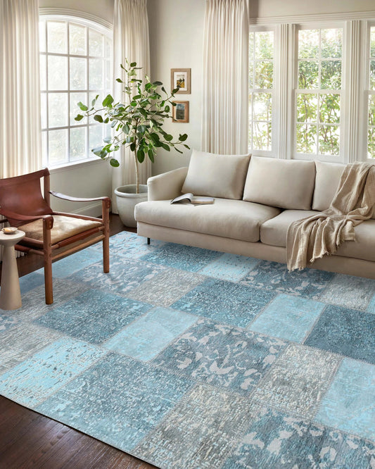 Eskitme Patchwork Açık Gökyüzü Mavi Halı - Pera Halı