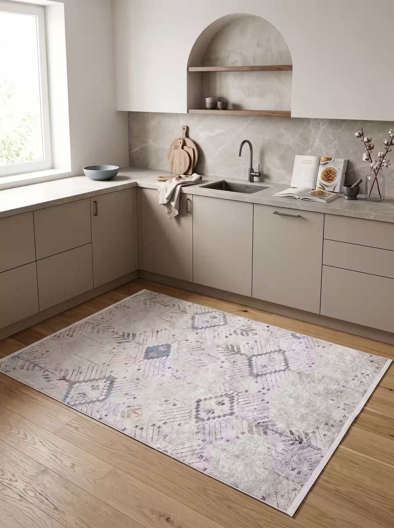 Soft Bohem Geometrik Desenli Krem Soluk Mavi Eskitme Halı - SH1670KM - Pera Halı