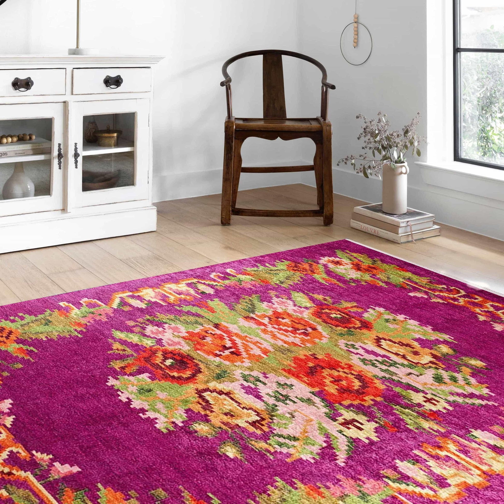 Soho Karabağ Dekoratif Bohem Çiçekli Pembe Kilim Halı-Pera Halı