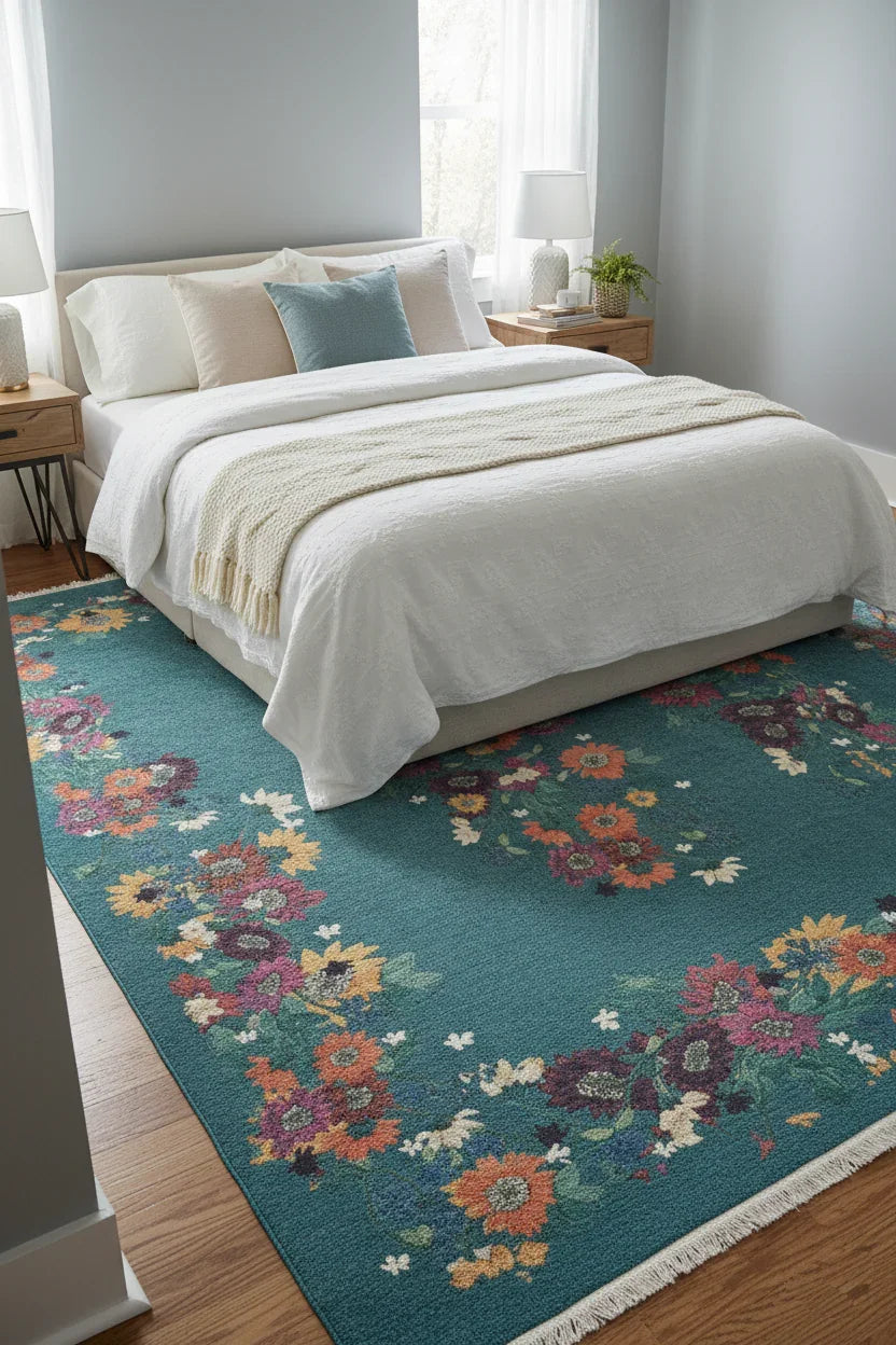 Soho Yeşil Gül Çiçekli Dekoratif Halı-Pera Halı