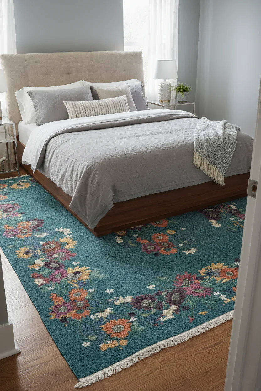 Soho Yeşil Gül Çiçekli Dekoratif Halı-Pera Halı