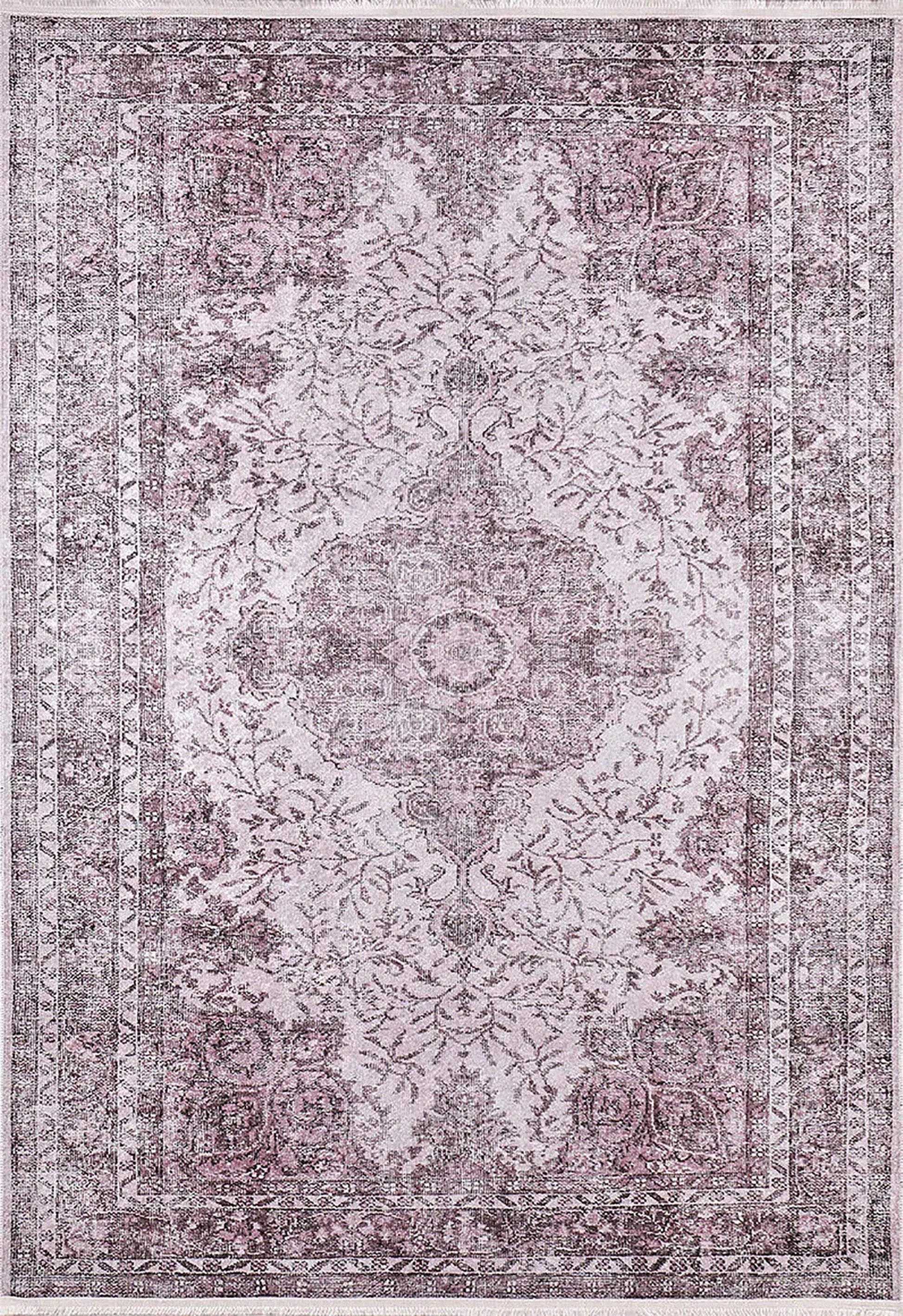 Soluk Pembe Vintage Lila Çiçek Desenli Salon Halısı-Pera Halı