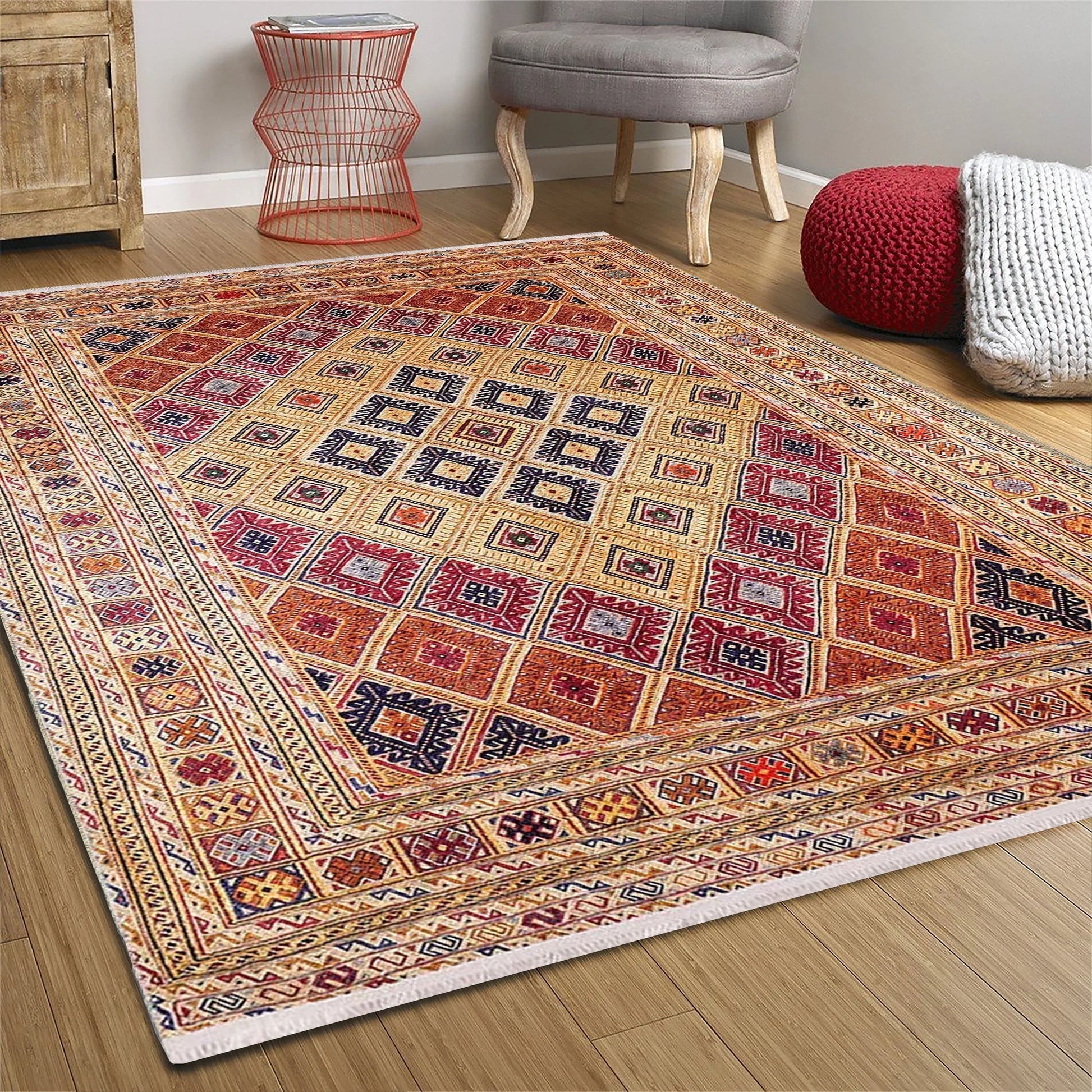 Soluk Turuncu Bej Geometrik Desenli Anadolu Kilim Halı-Pera Halı