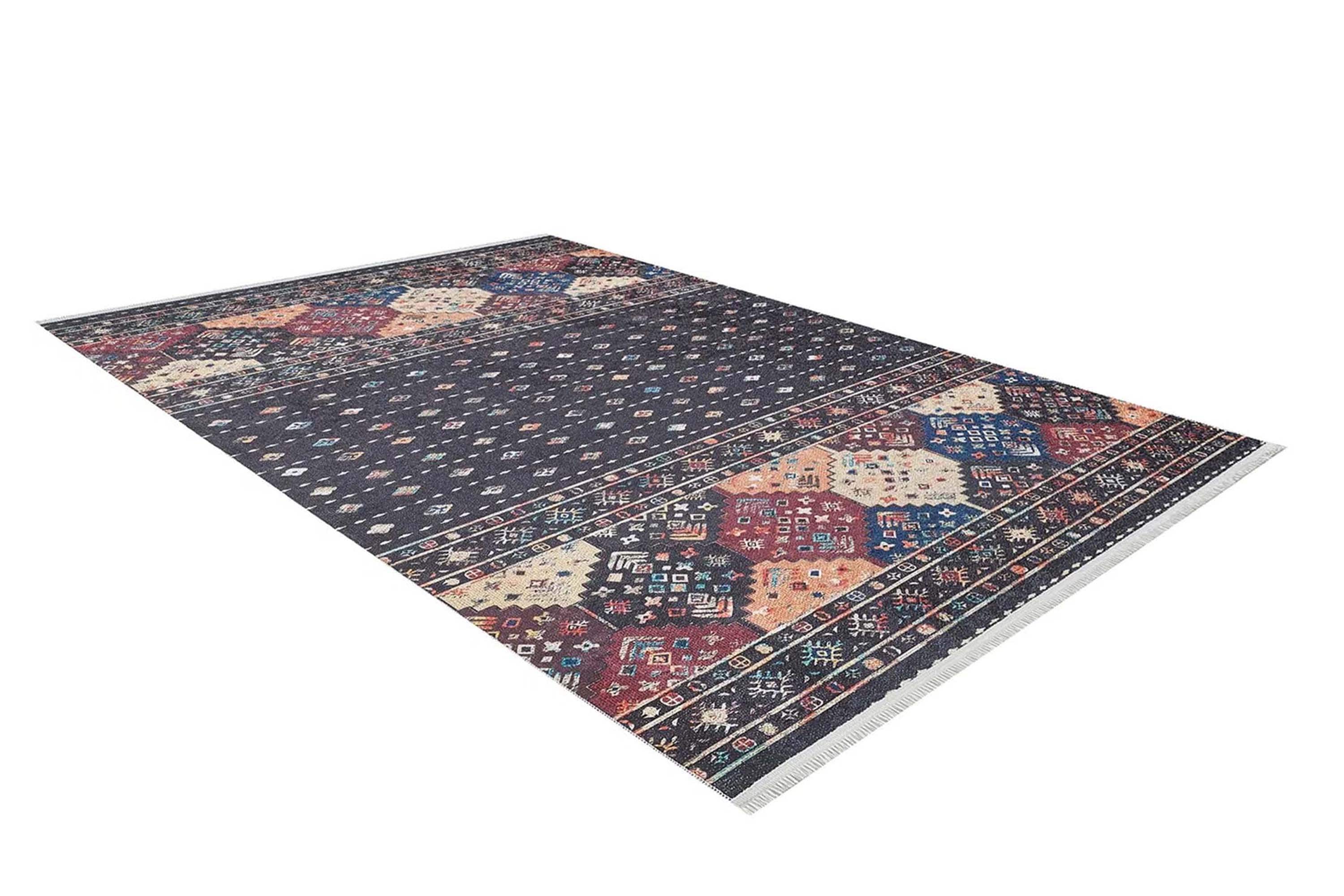 Geometrik Desenli Bohem Siyah Halı - Pera Halı