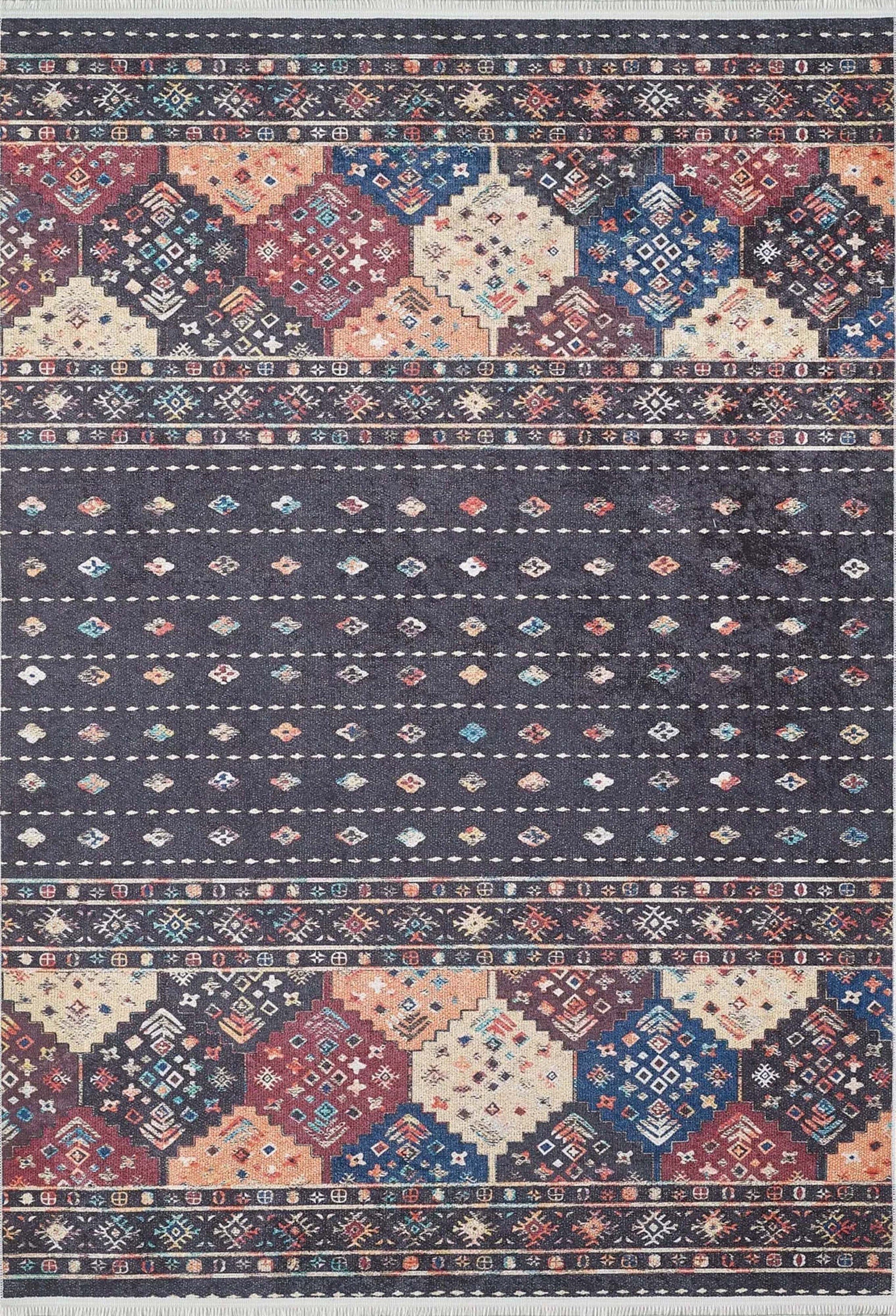 Geometrik Desenli Bohem Siyah Halı - Pera Halı