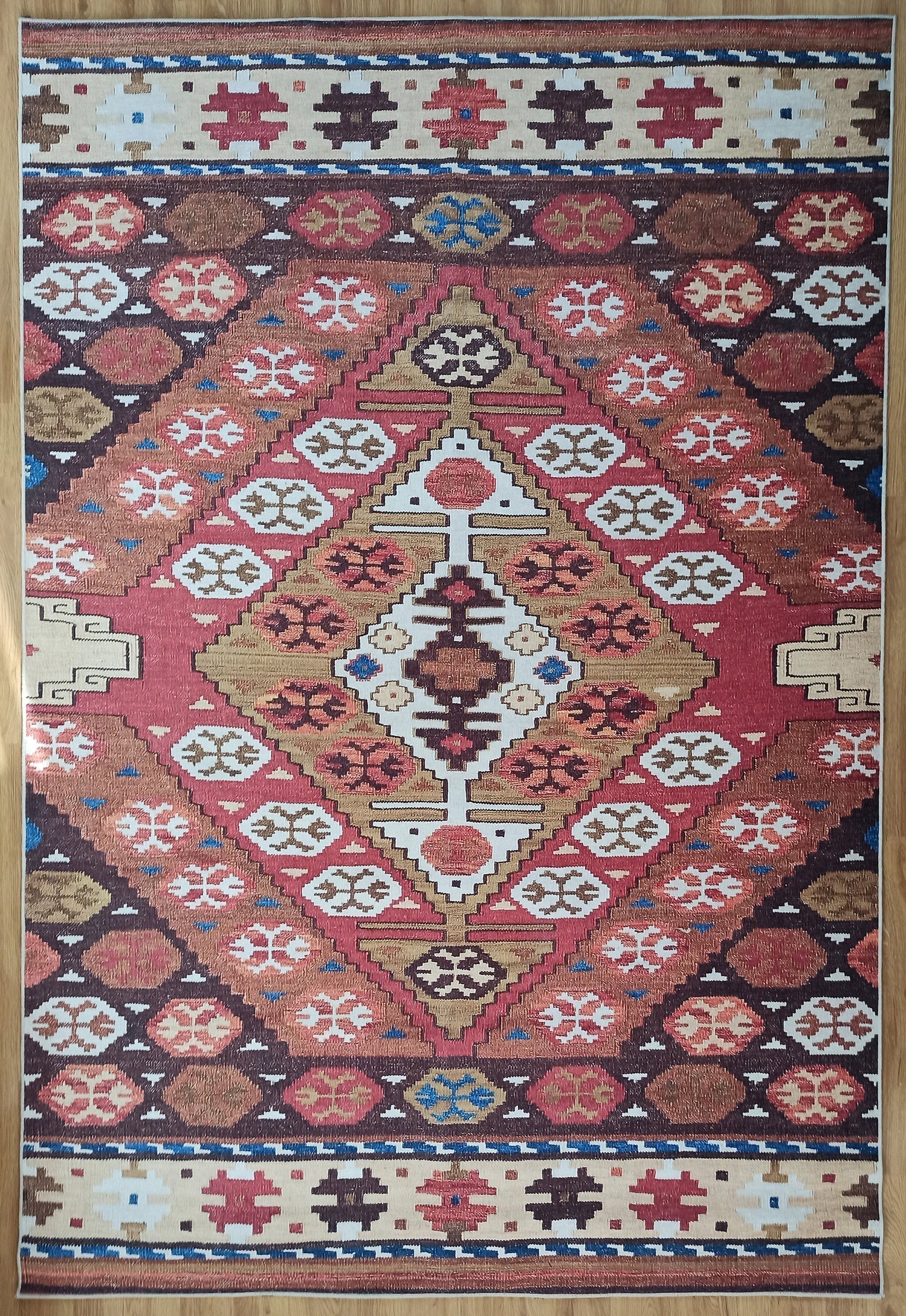 Mercan ve Kahve Geometrik Elmas Desenli Kilim Halı