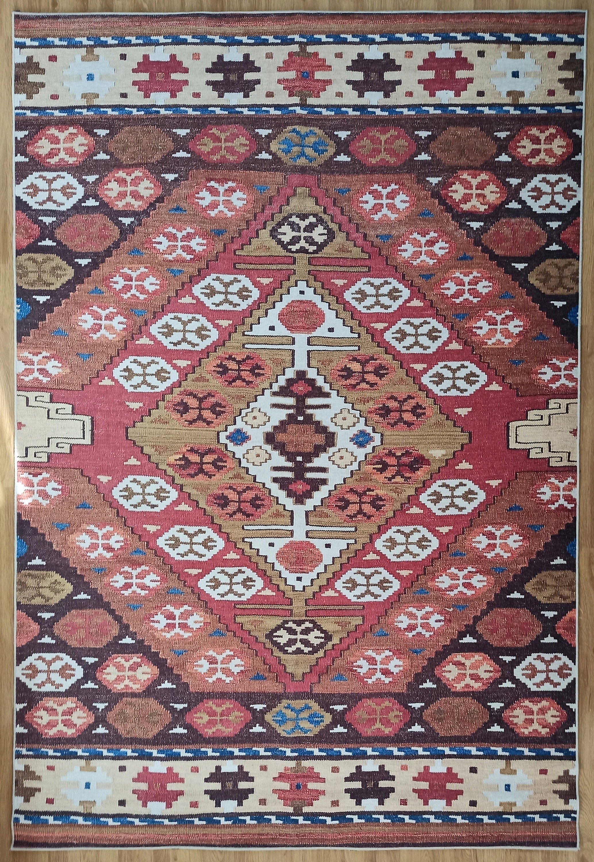 Mercan ve Kahve Geometrik Elmas Desenli Kilim Halı