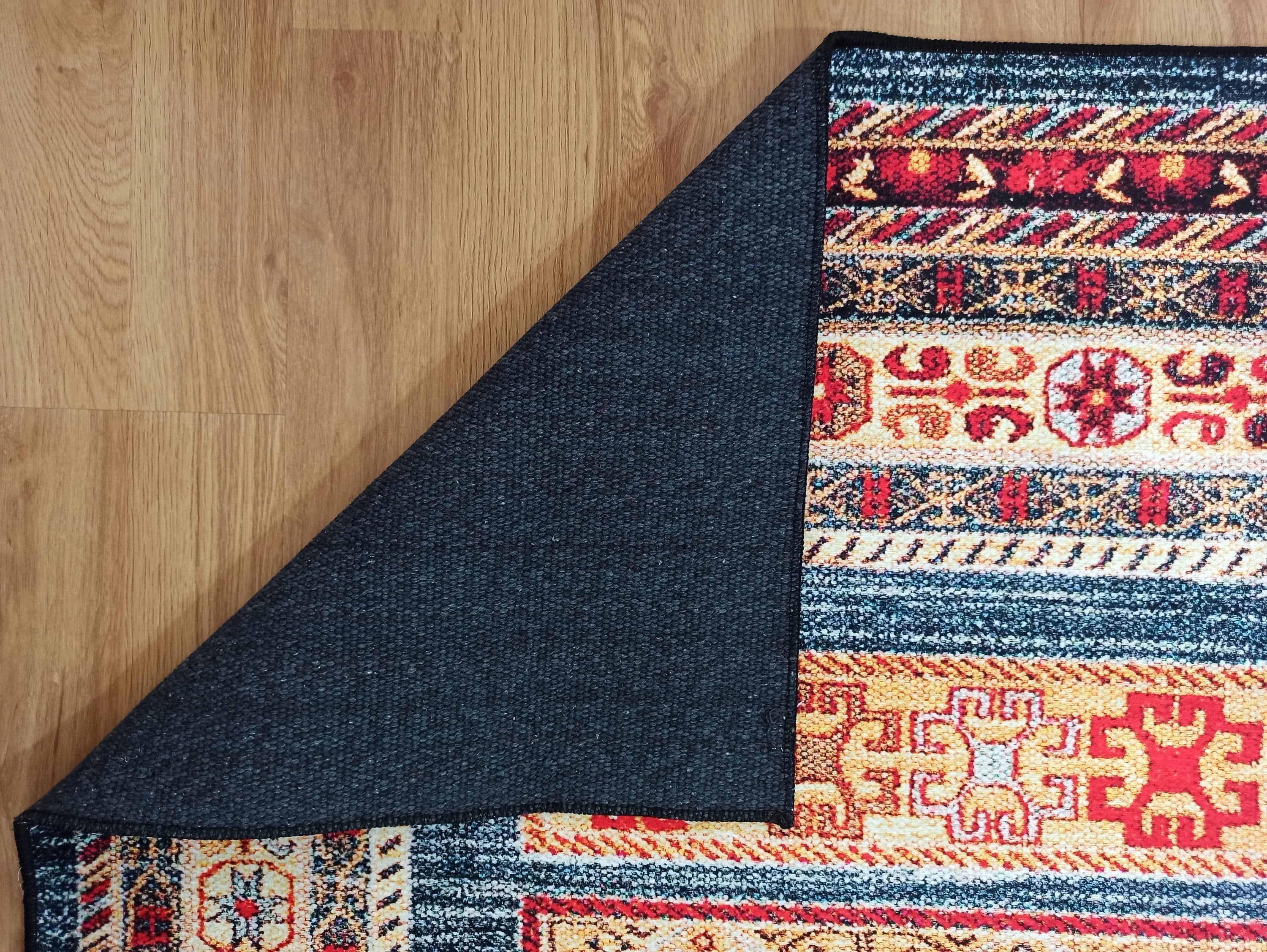 Lacivert ve Kırmızı Şeritli Geometrik Halı