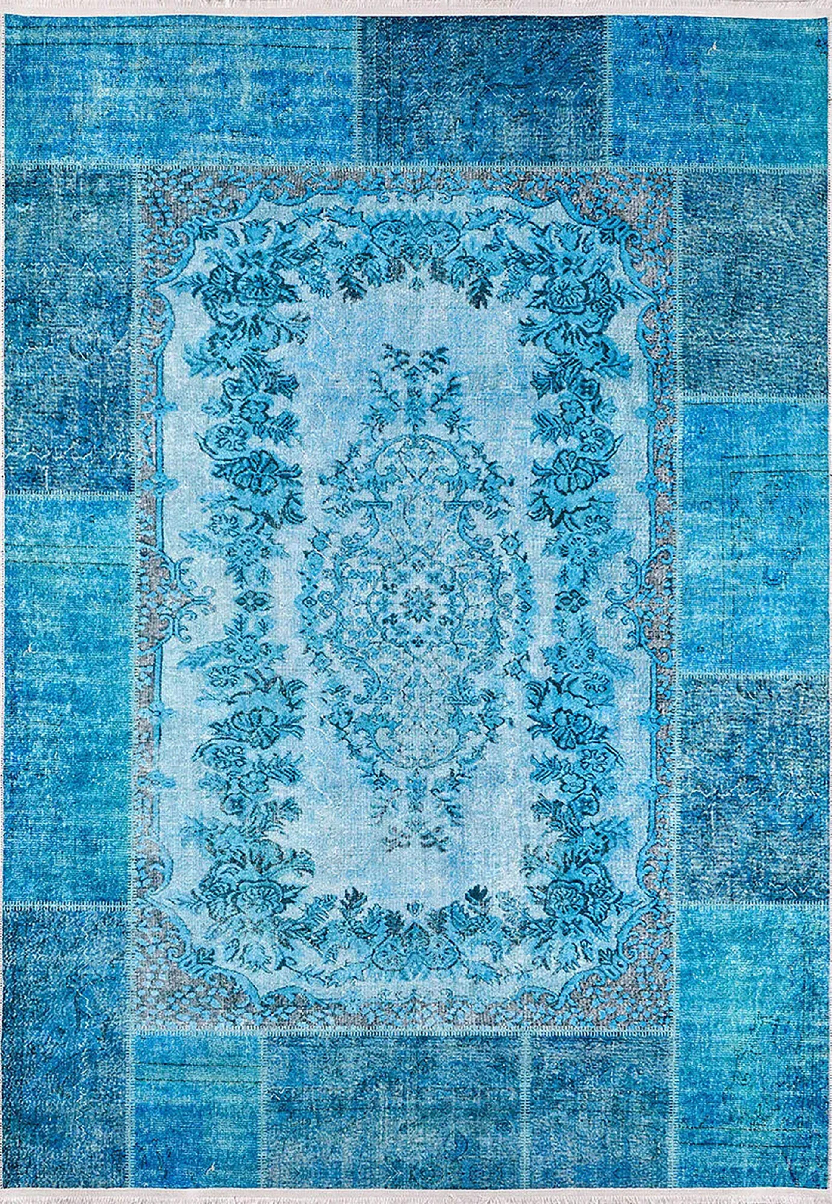 Turkuaz Patchwork Eskitme Mavi Vintage Klasik Halı-Pera Halı