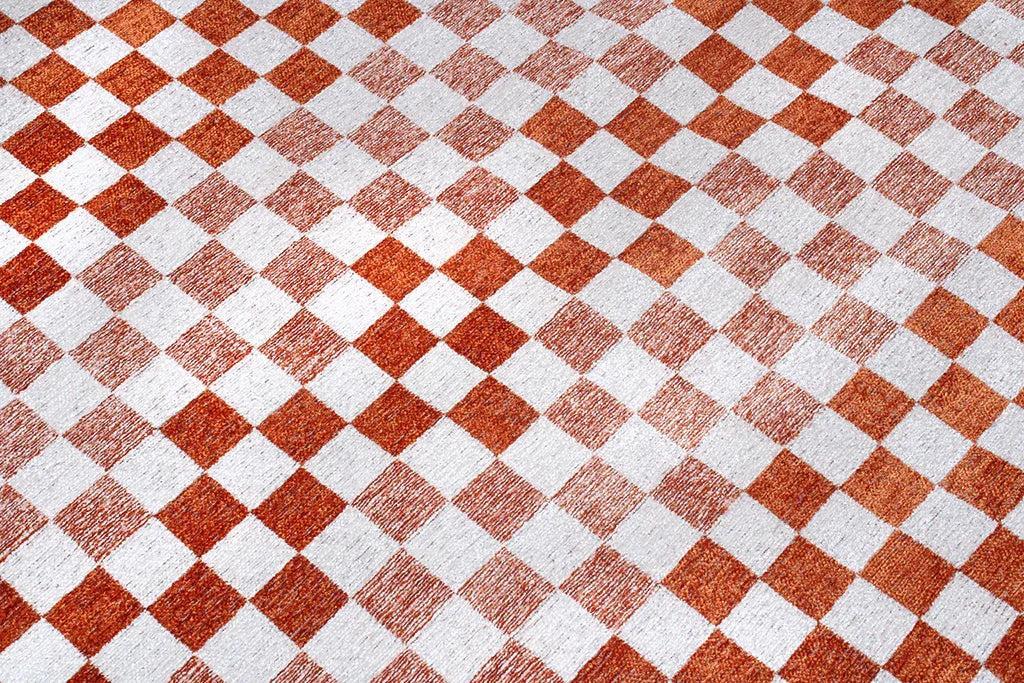 Turuncu Beyaz Modern Geometrik Dama Desenli Yıkanabilir Halı-Pera Halı