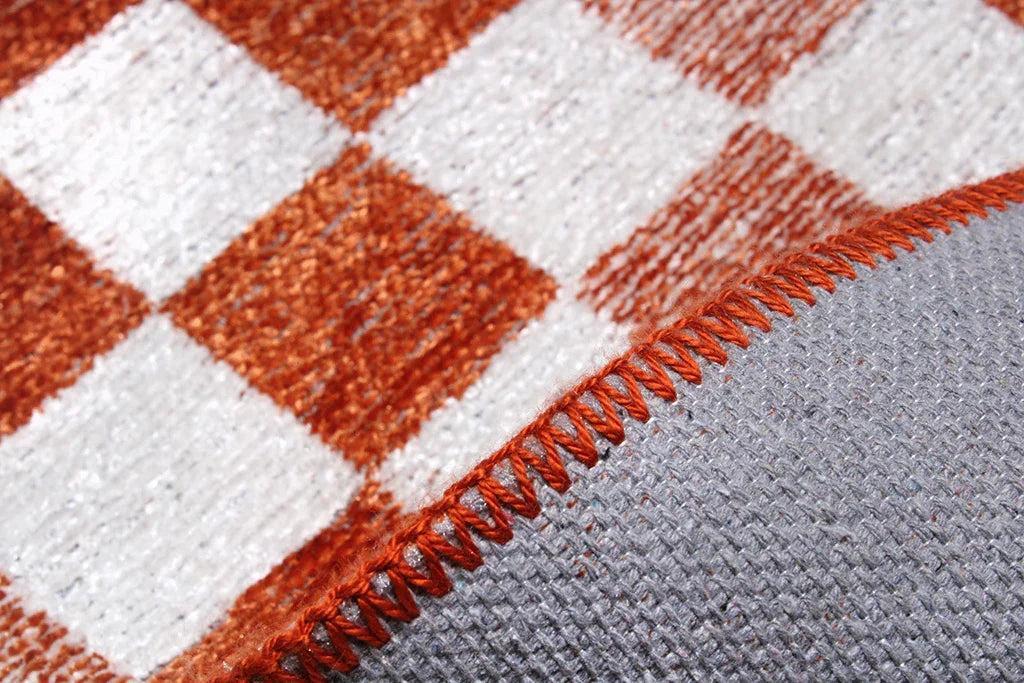 Turuncu Beyaz Modern Geometrik Dama Desenli Yıkanabilir Halı-Pera Halı