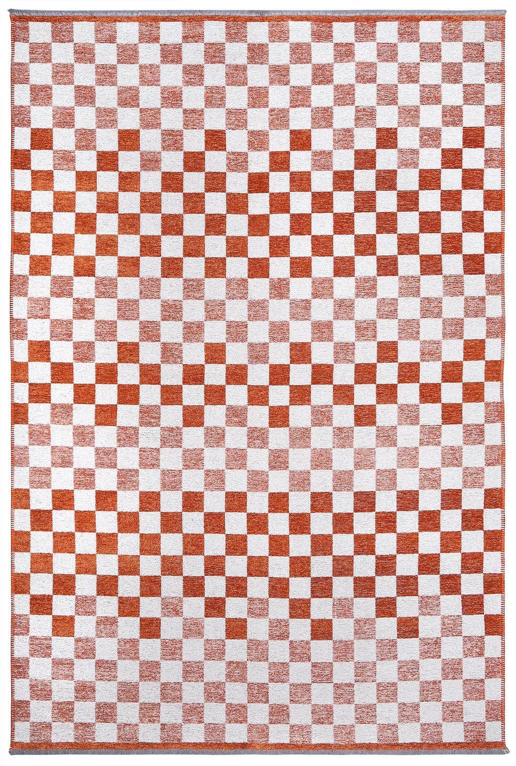 Turuncu Beyaz Modern Geometrik Dama Desenli Yıkanabilir Halı-Pera Halı