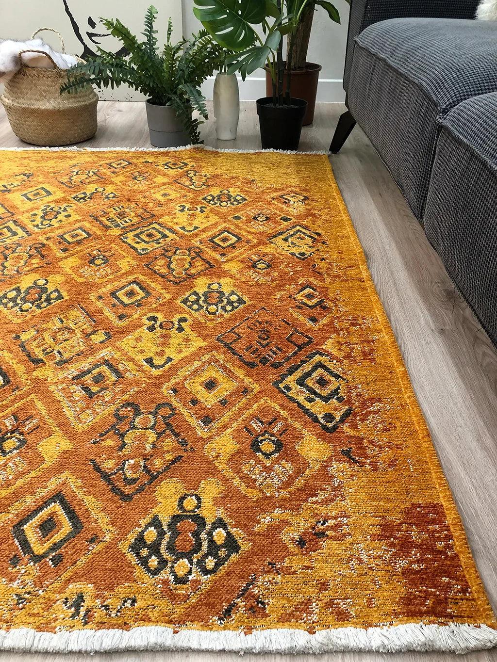 Turuncu Çift Taraflı Modern Vintage Yıkanabilir Antibakteriyel Halı-Pera Halı