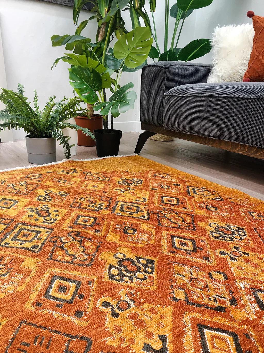 Turuncu Çift Taraflı Modern Vintage Yıkanabilir Antibakteriyel Halı-Pera Halı