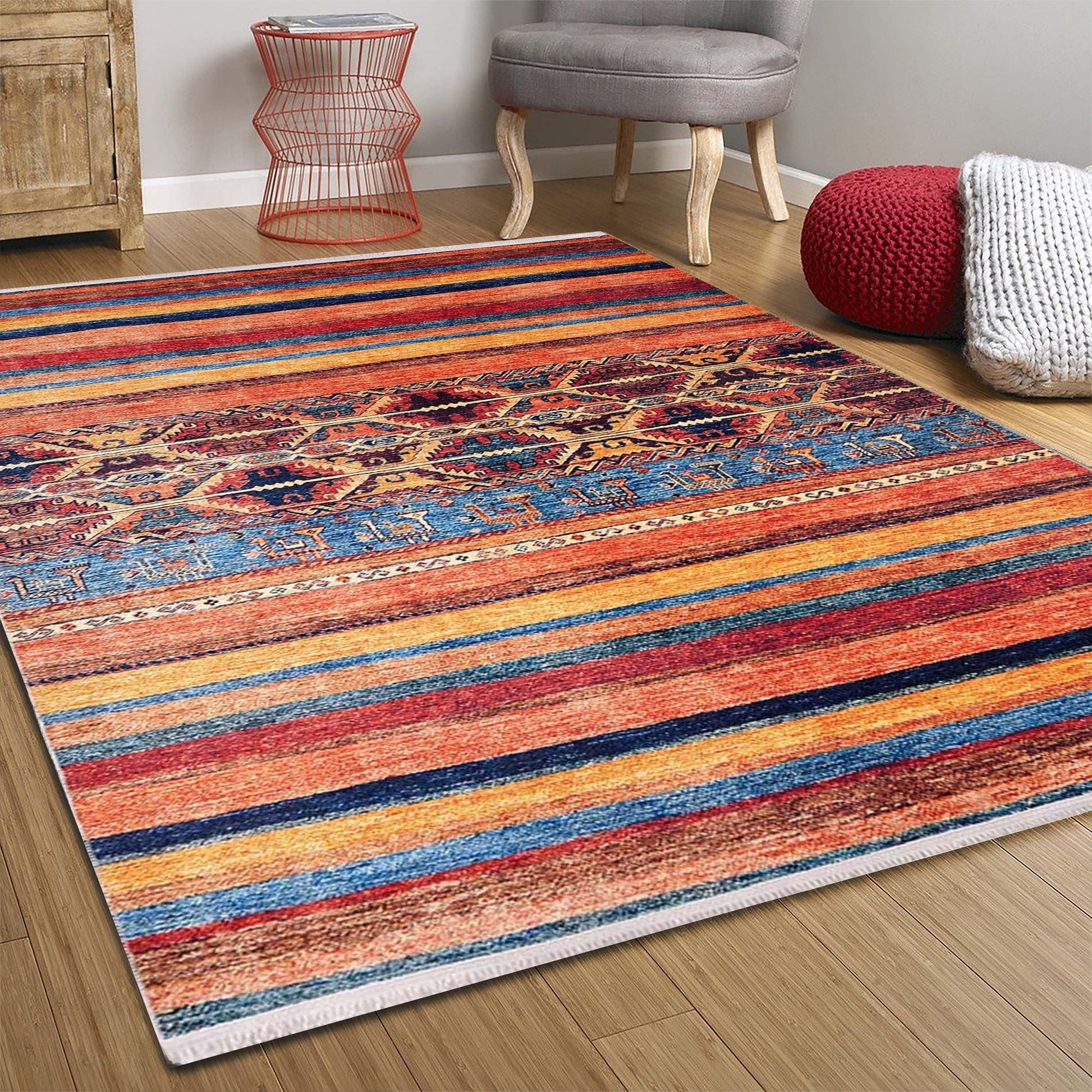 Turuncu Çizgili Desenli Kilim Halı-Pera Halı