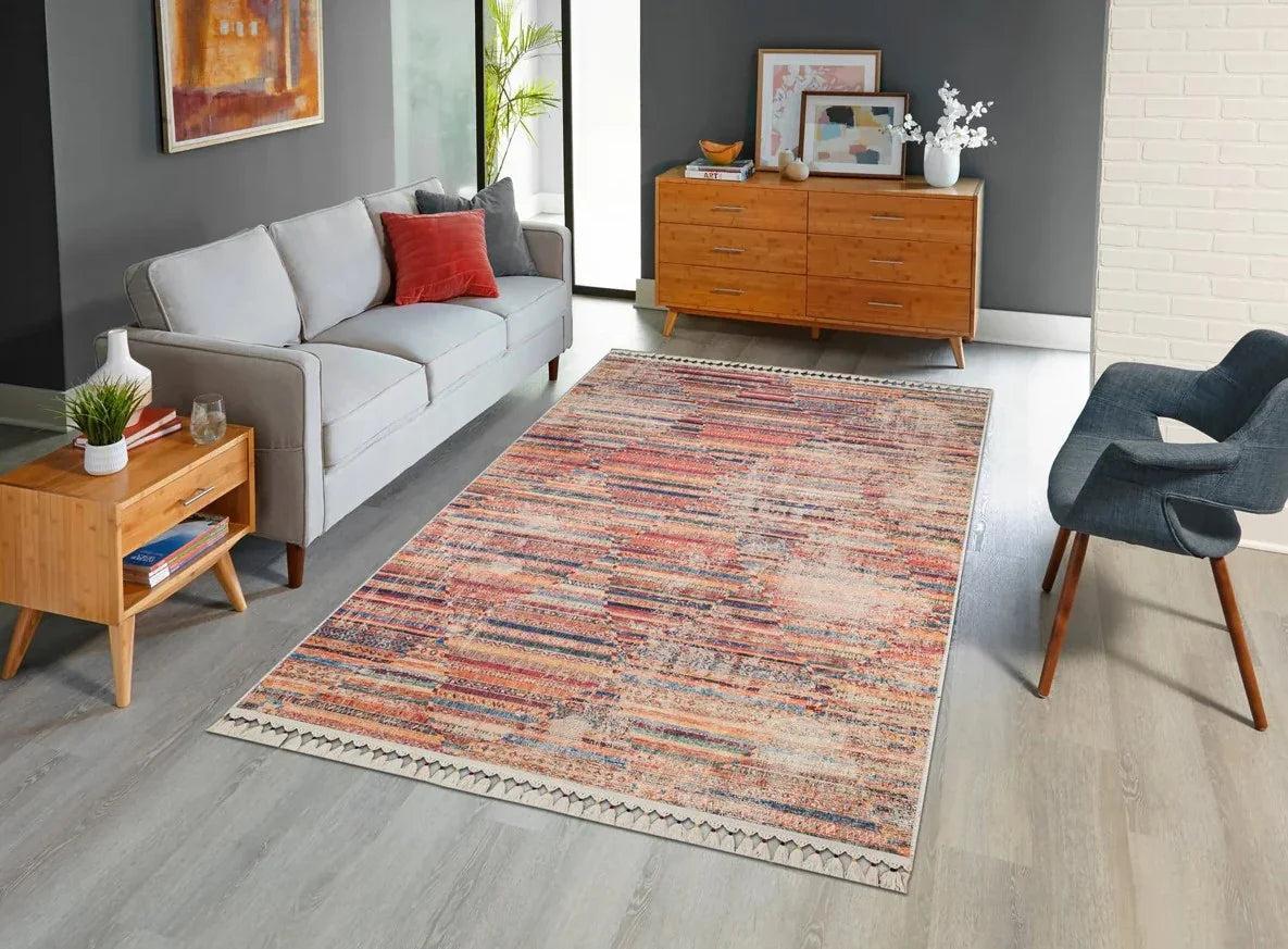Turuncu Çok Renkli Geometrik Desenli Modern Kilim Halı-Pera Halı