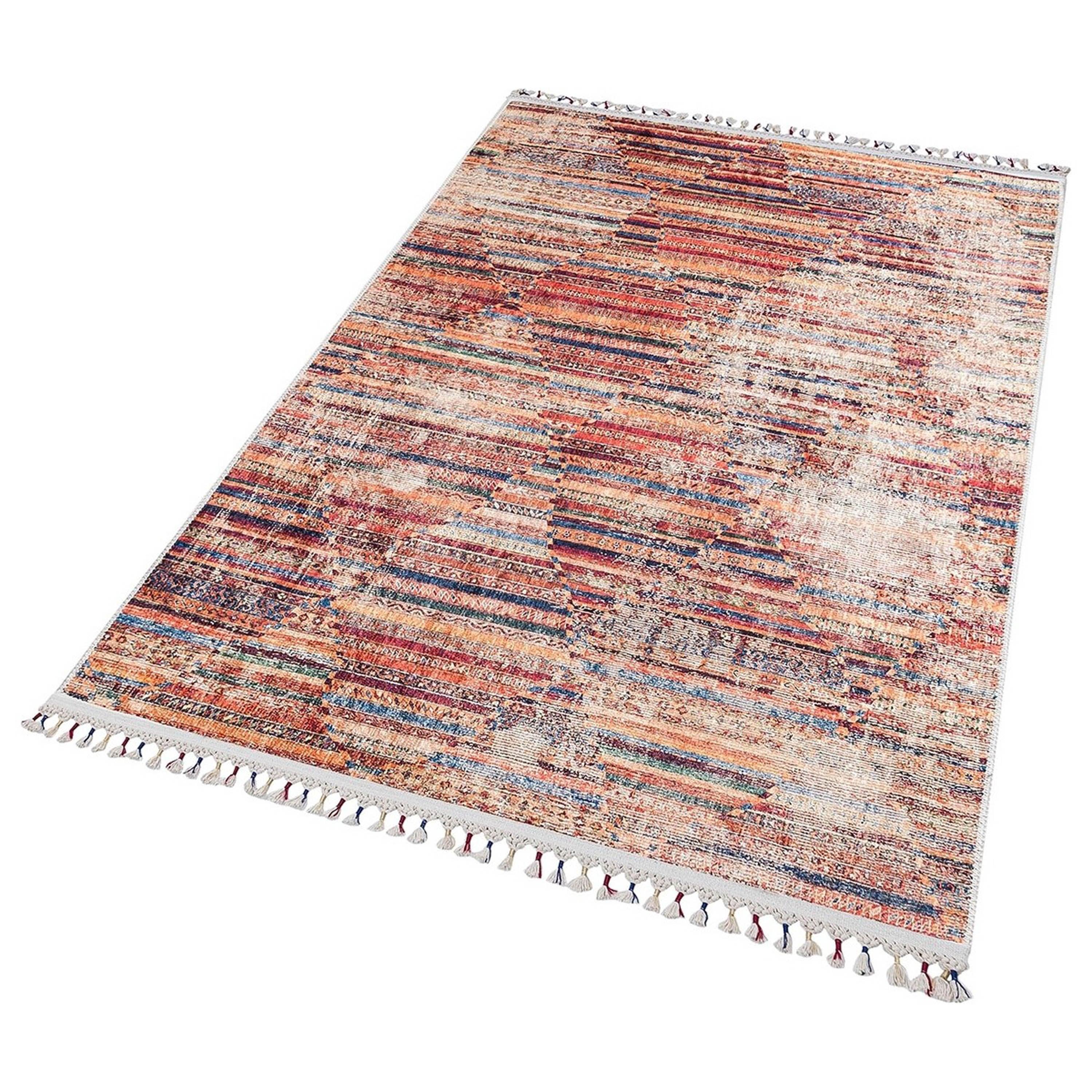 Turuncu Çok Renkli Geometrik Desenli Modern Kilim Halı-Pera Halı