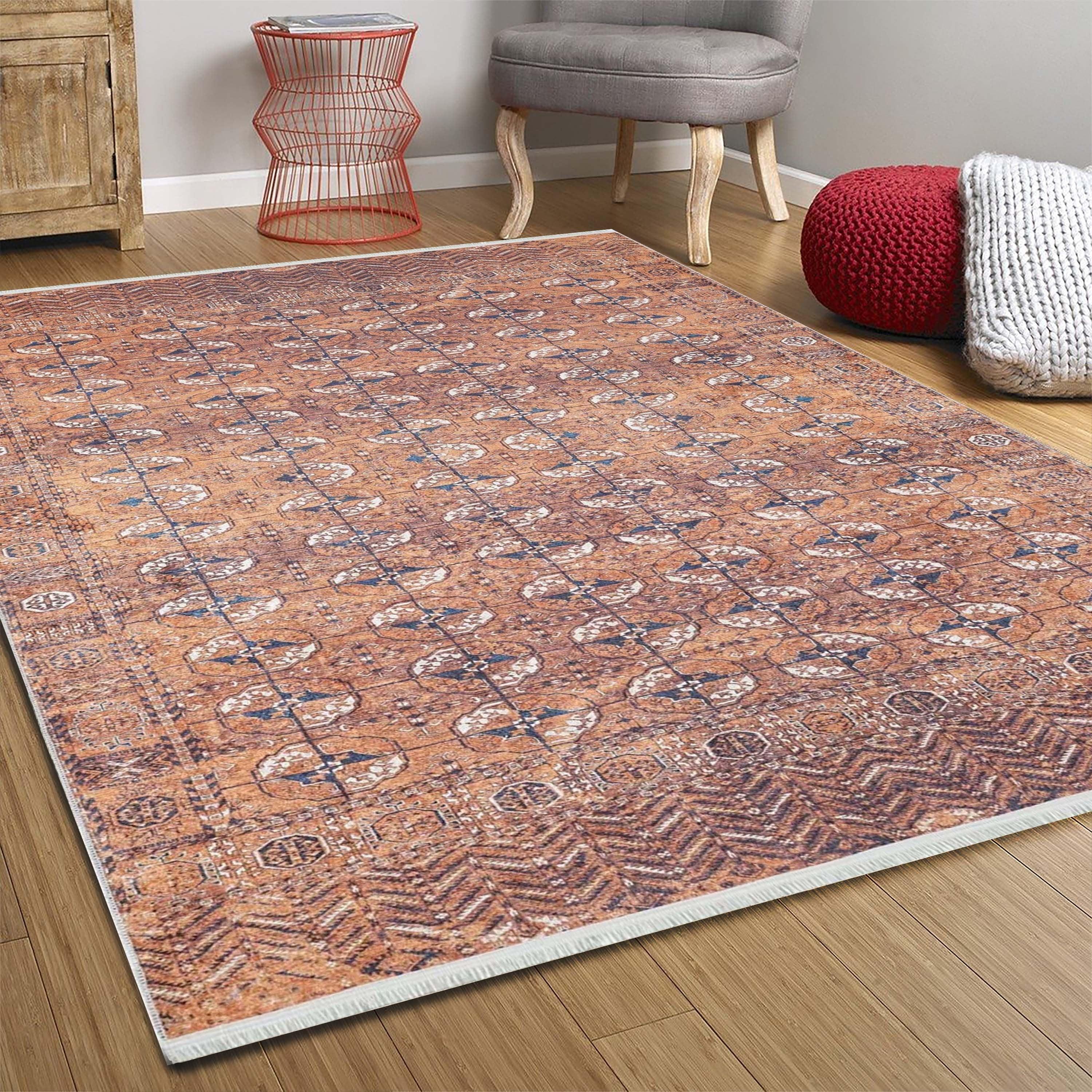 Turuncu Gümüş Geometrik Desenli Kilim Halı-Pera Halı