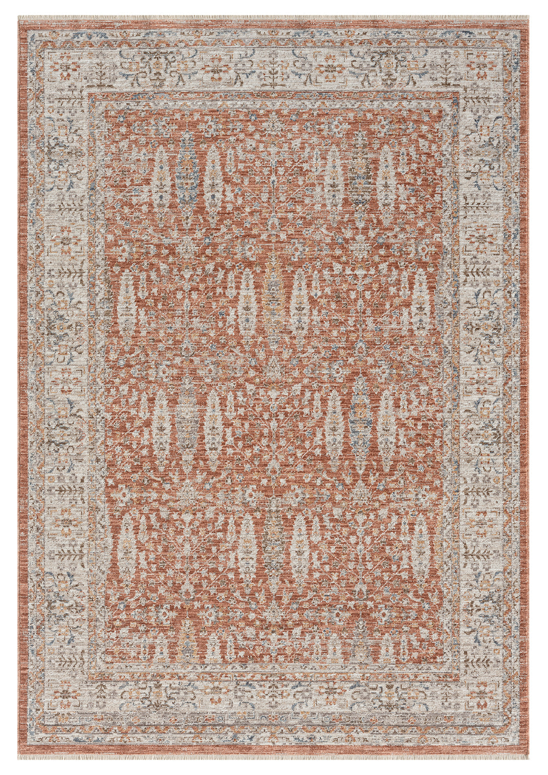 Turuncu Kiremit Gri Klasik Eskitme Desenli Halı-Pera Halı