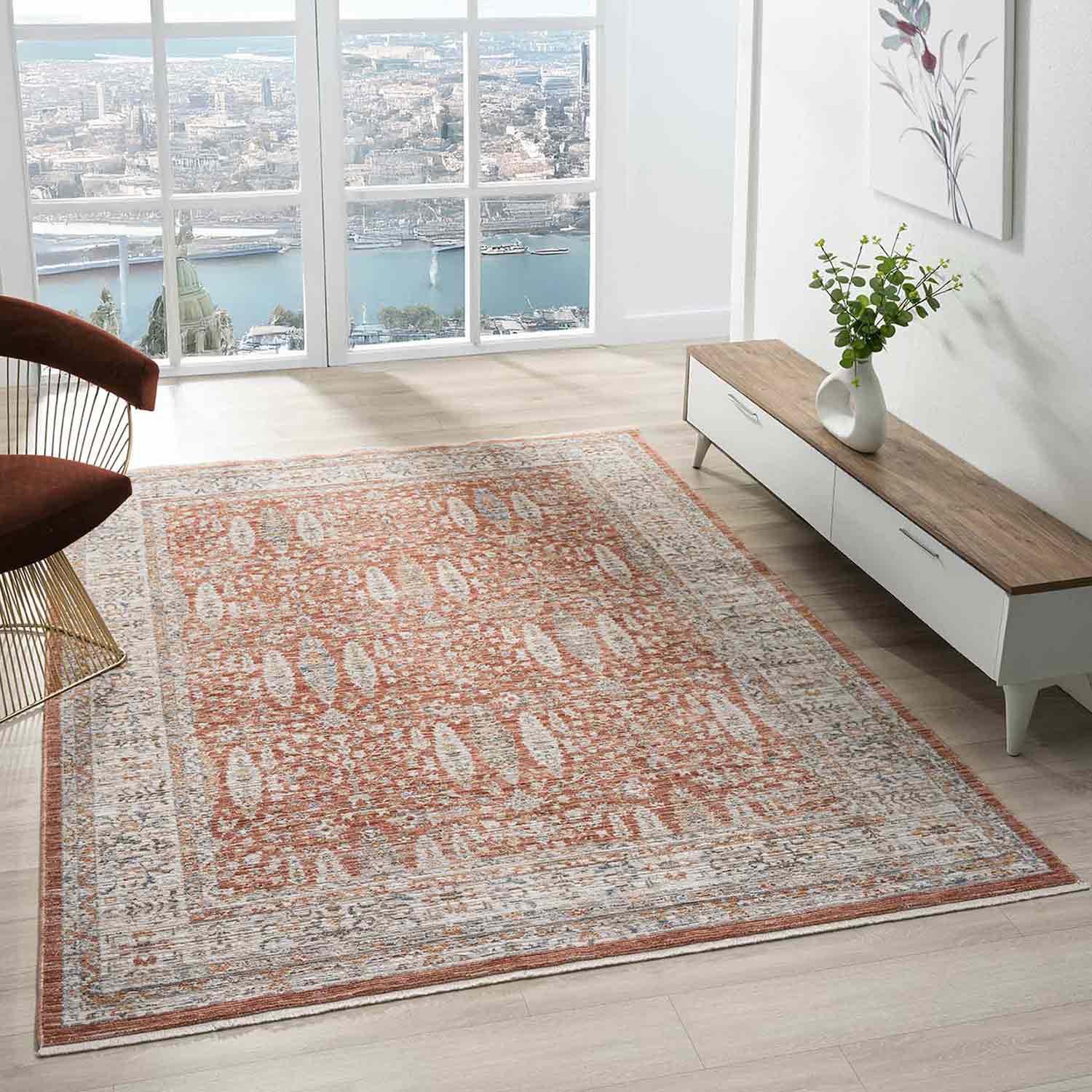 Turuncu Kiremit Gri Klasik Eskitme Desenli Halı-Pera Halı