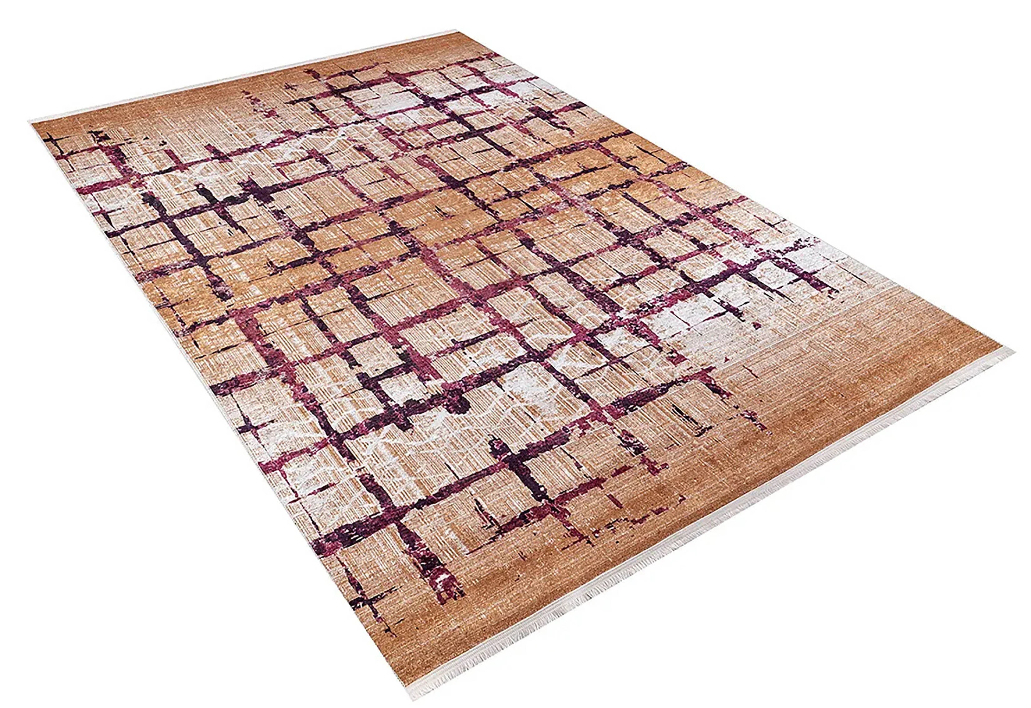 Turuncu Kiremit Kareli Desen Modern Halı-Pera Halı