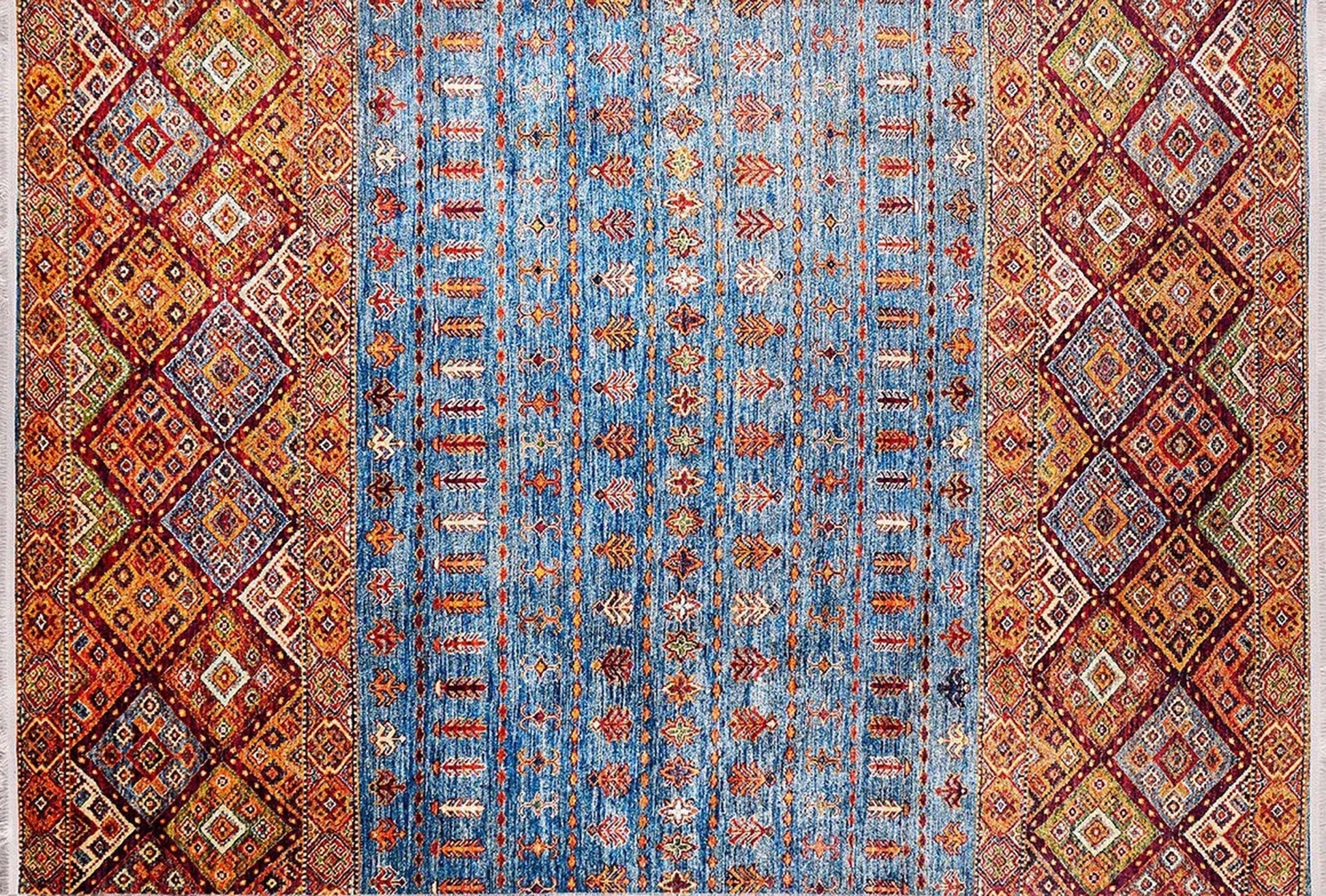 Turuncu Mavi Geometrik Desenli Anadolu Kilim Halı-Pera Halı