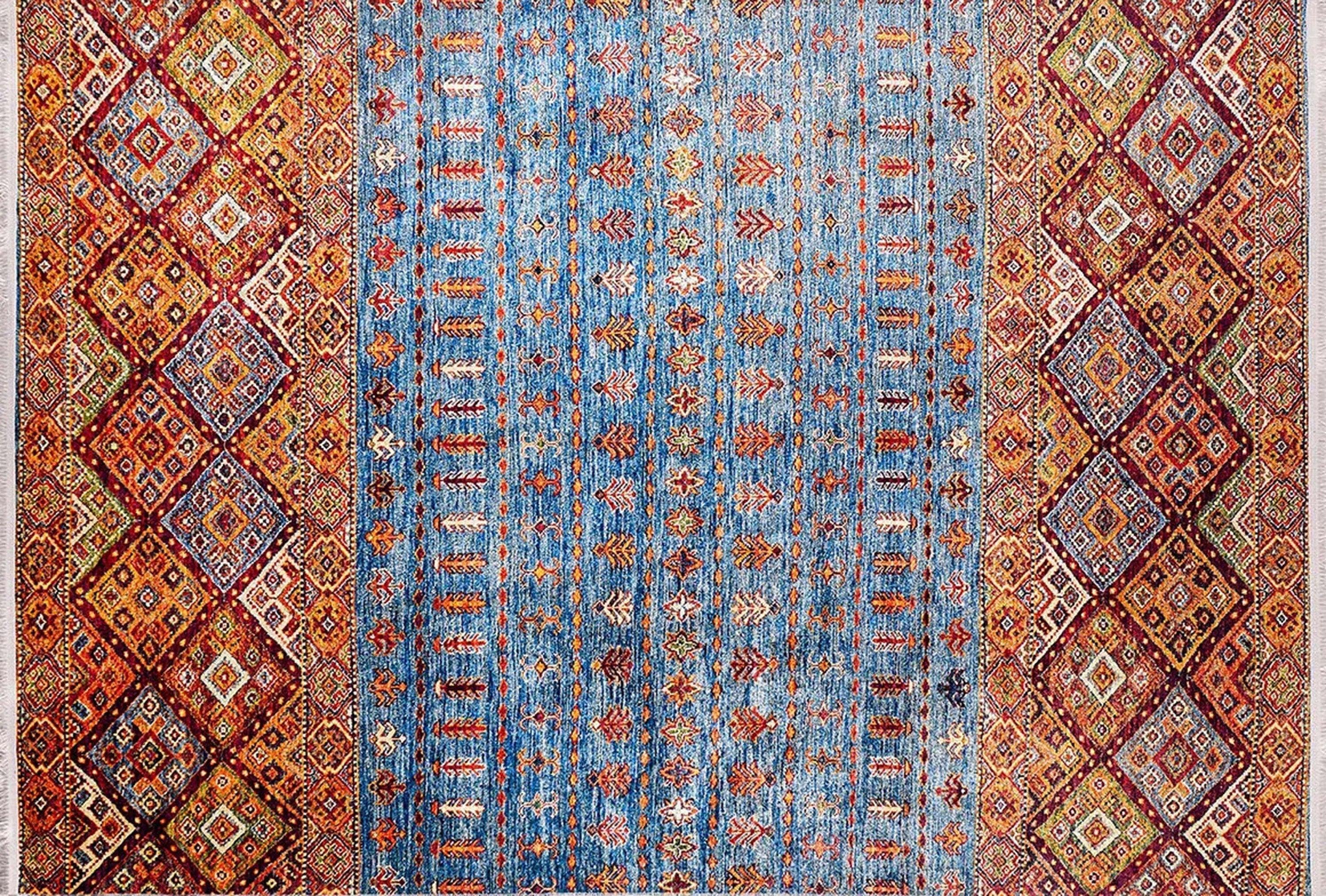 Turuncu Mavi Geometrik Desenli Anadolu Kilim Halı-Pera Halı