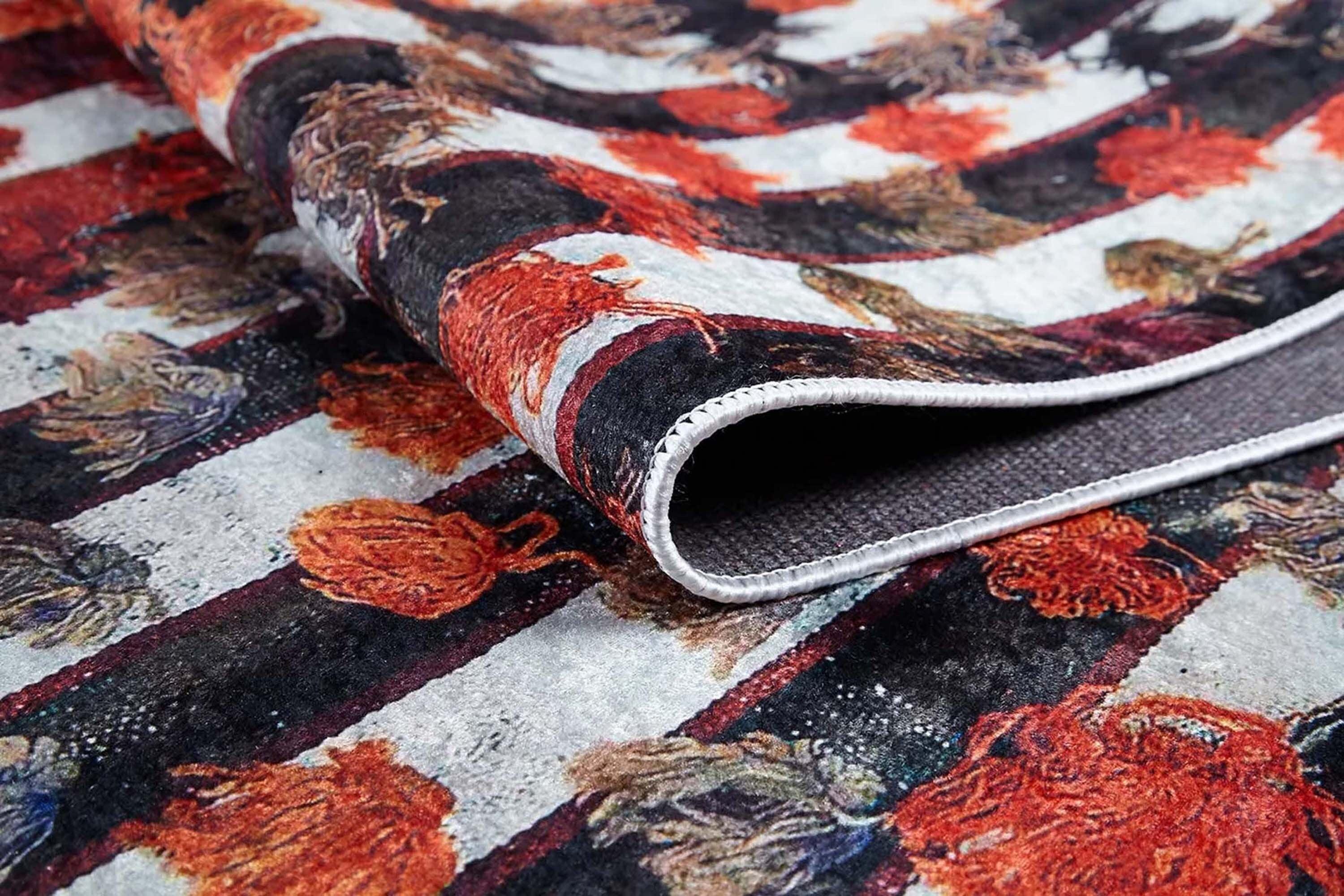 Turuncu Siyah Kareli Süslemeli Halı-Pera Halı