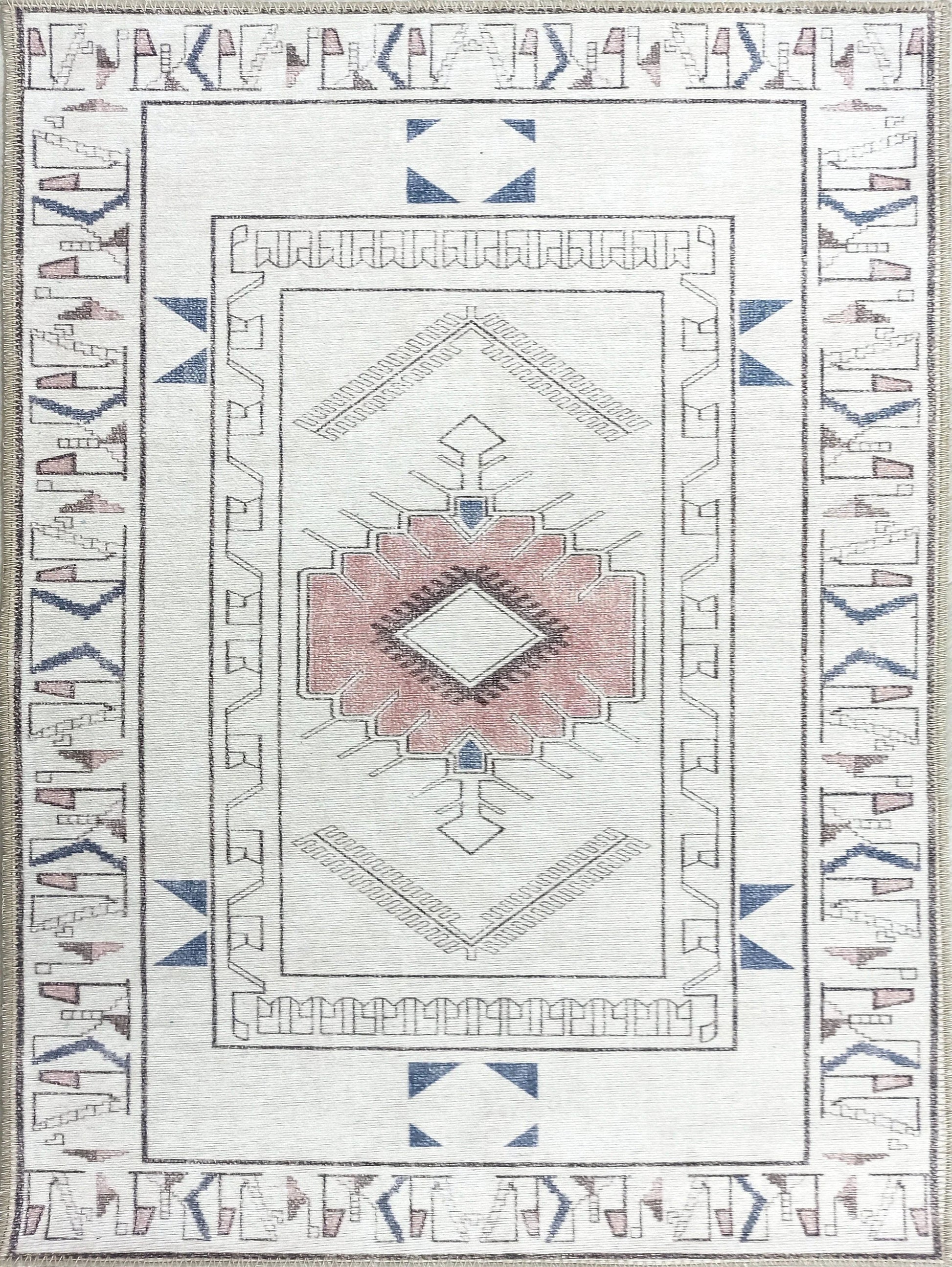 Beyaz ve Pastel Tonlu Geometrik Medalyonlu Kilim Halı