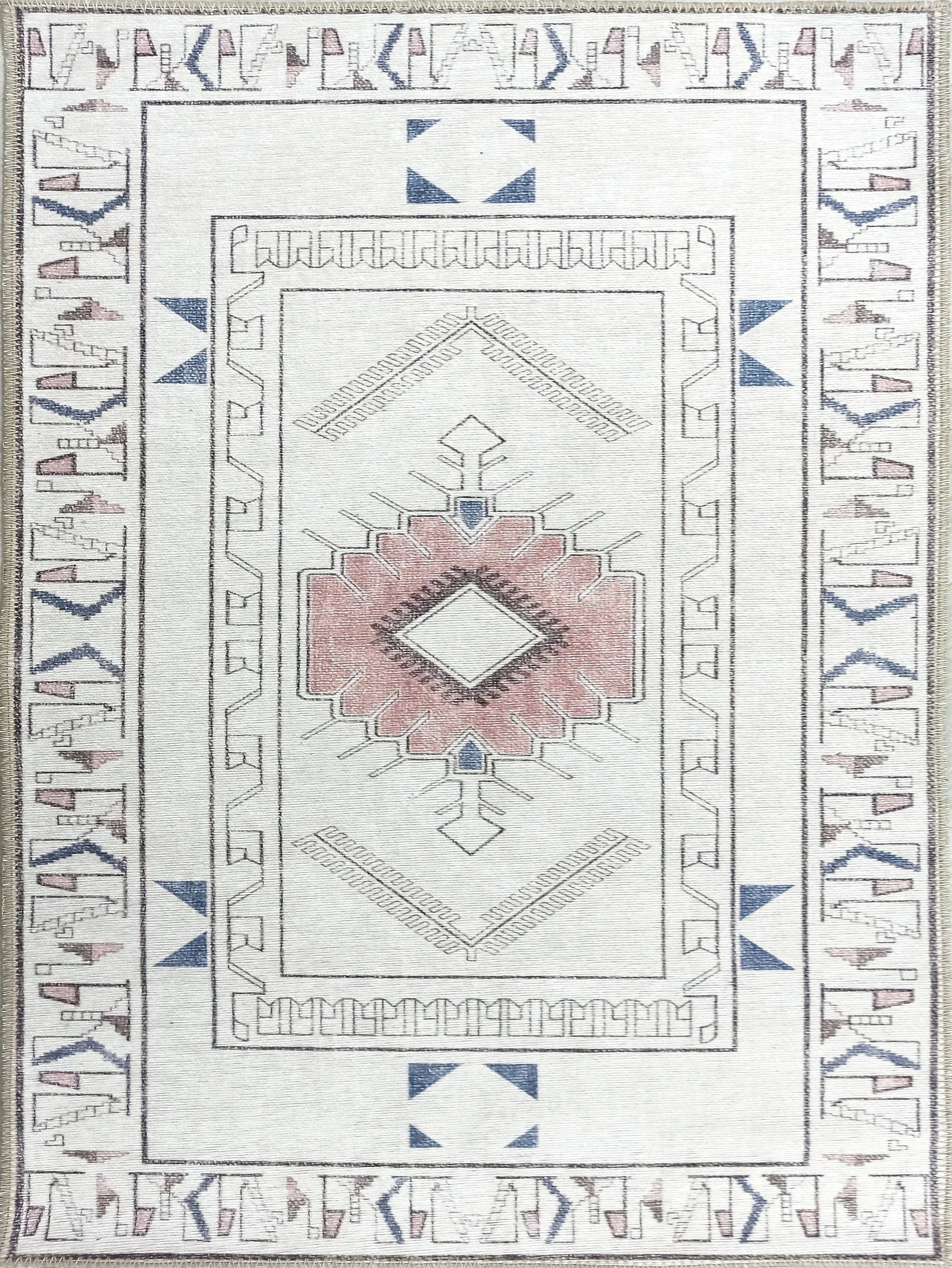 Beyaz ve Pastel Tonlu Geometrik Medalyonlu Kilim Halı