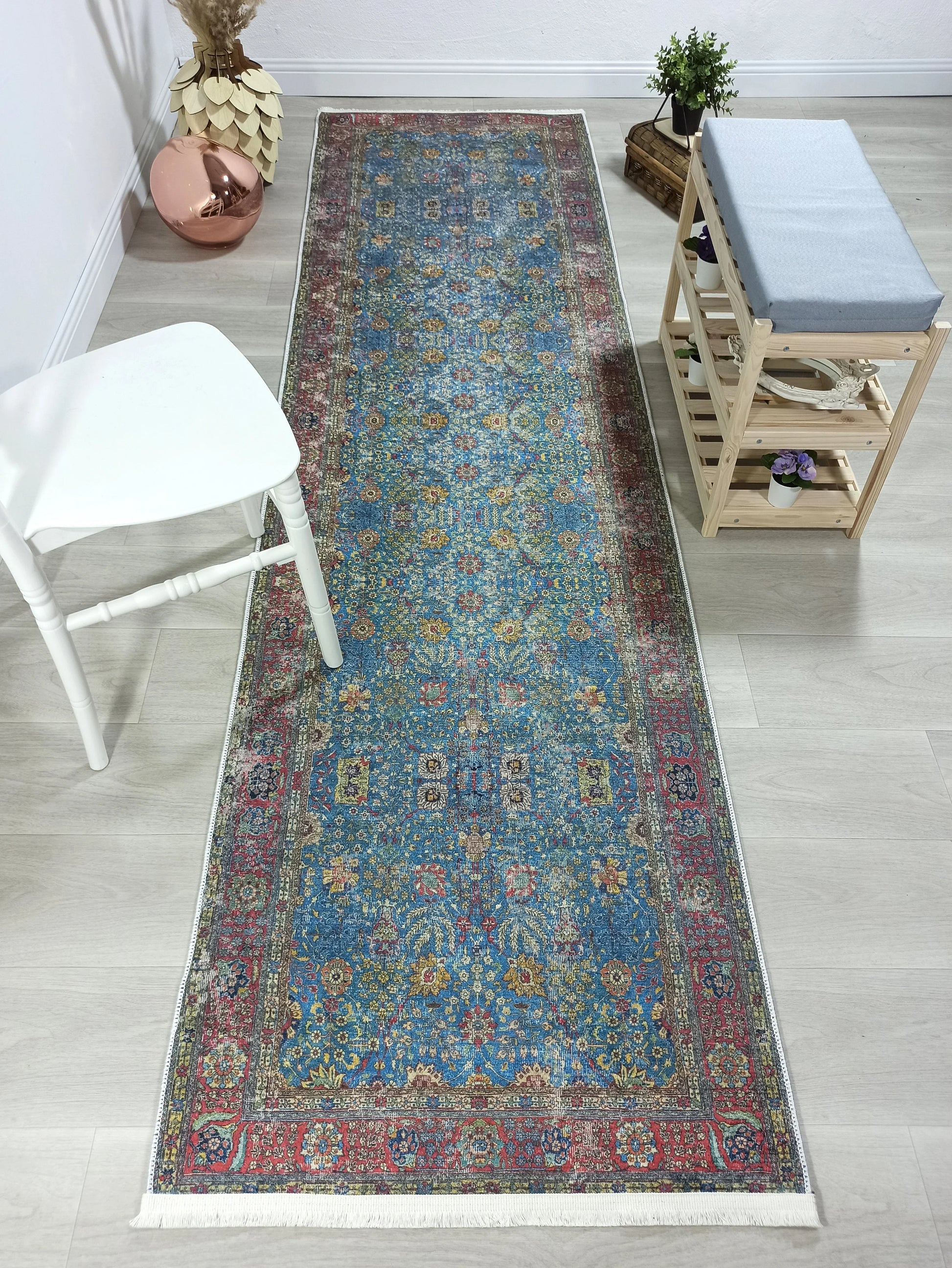 Uşak Mavi Kırmızı Vintage Kilim Halı-Pera Halı