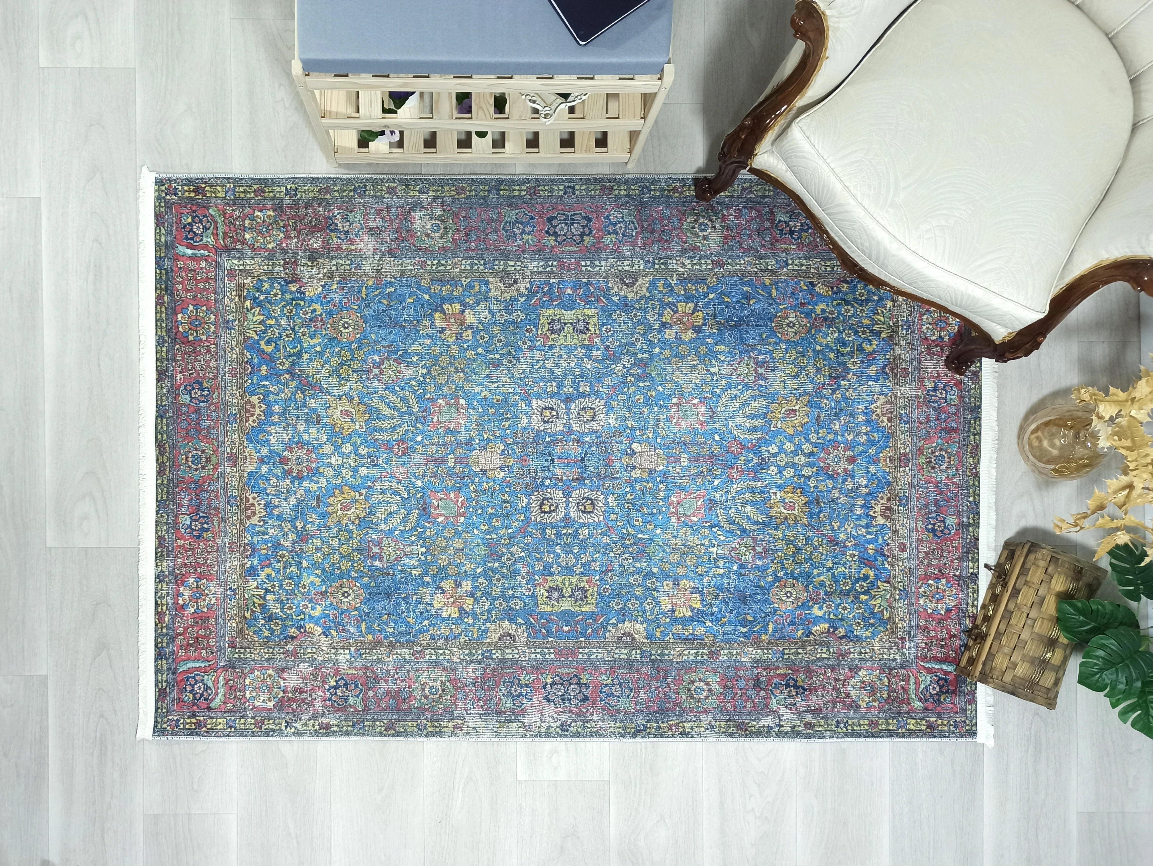 Uşak Mavi Kırmızı Vintage Kilim Halı-Pera Halı