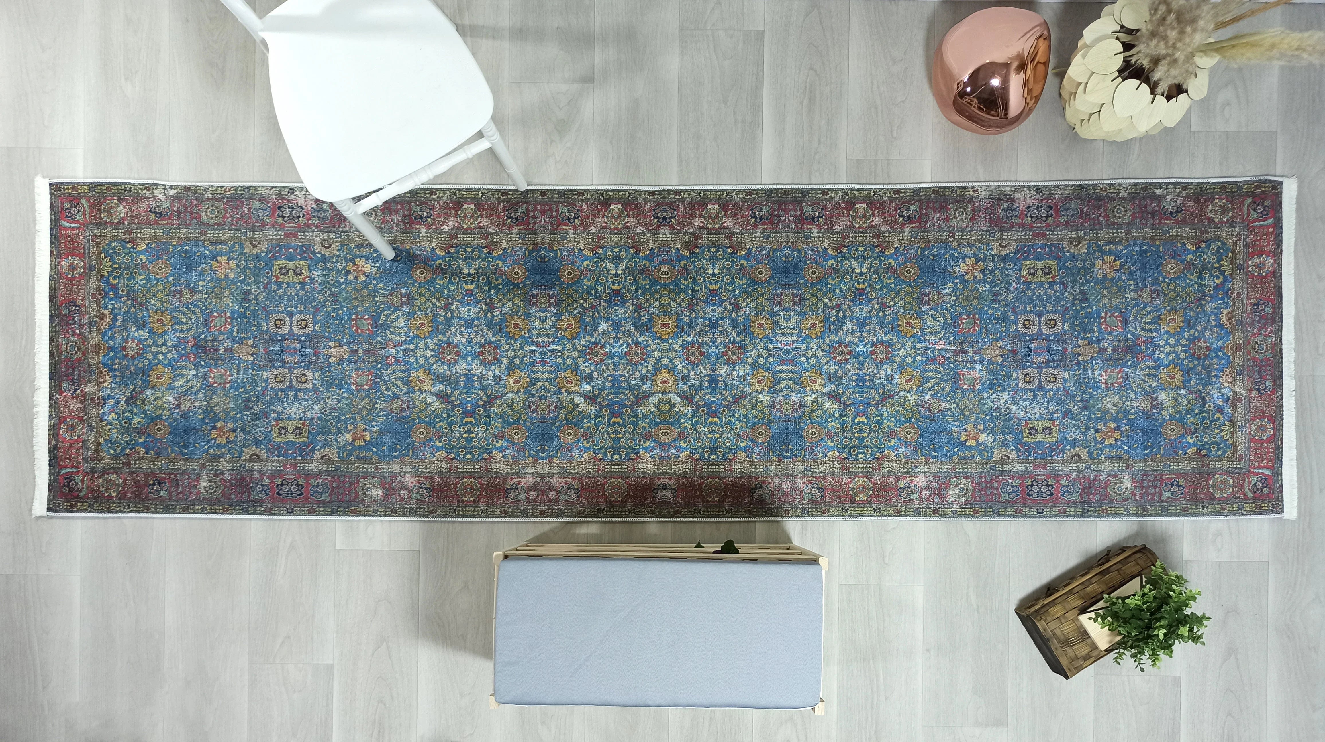 Uşak Mavi Kırmızı Vintage Kilim Halı-Pera Halı