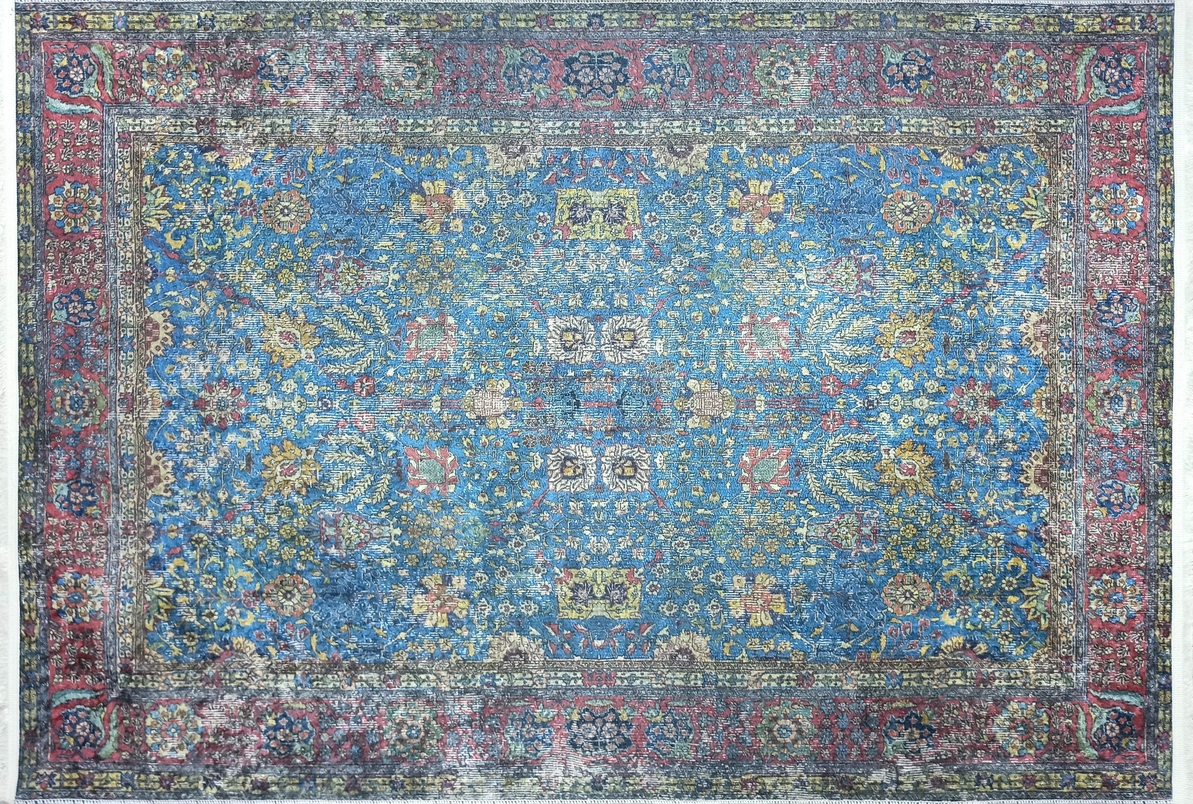 Uşak Mavi Kırmızı Vintage Kilim Halı-Pera Halı