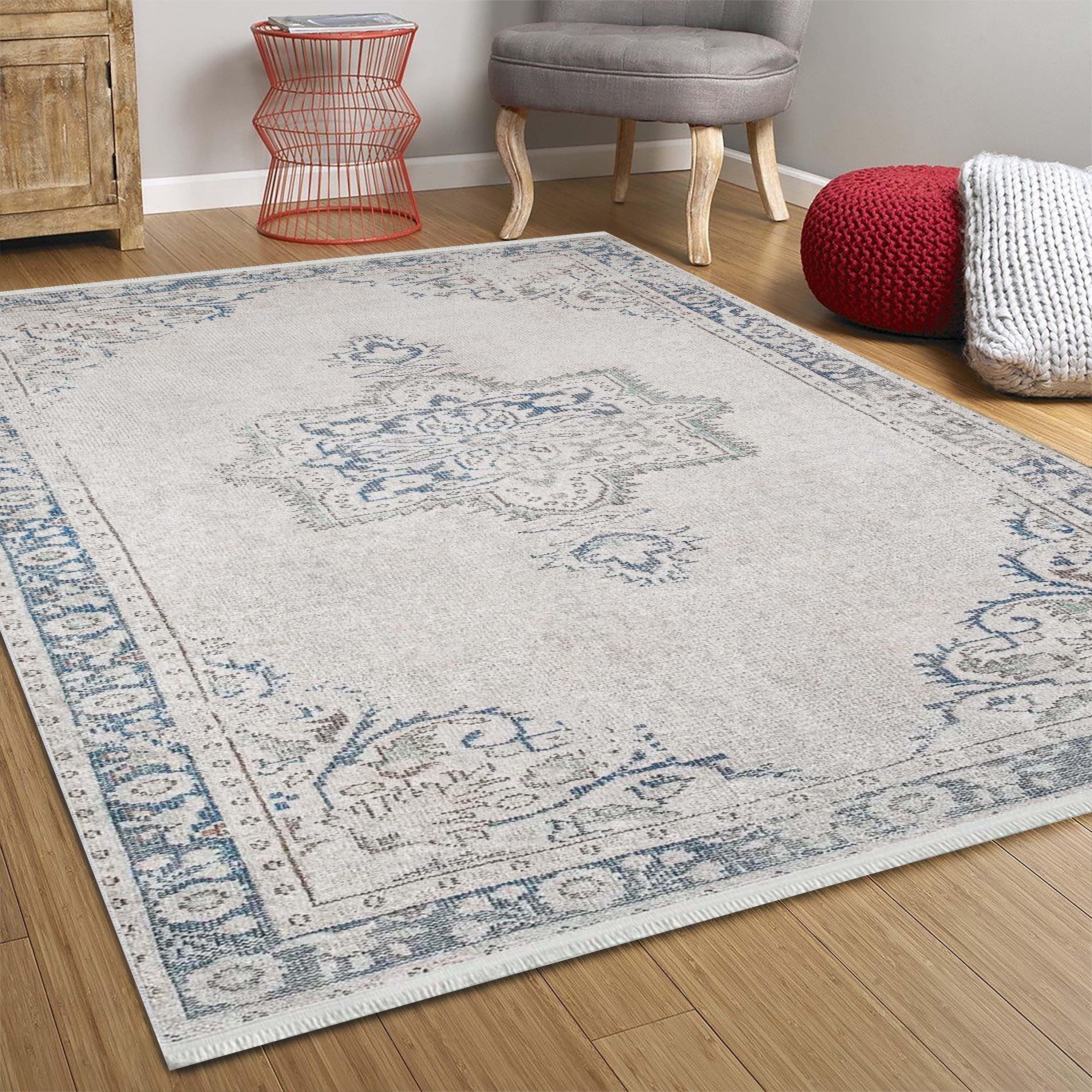 Doğal Eskitme Gri Geometrik Halı - Pera Halı