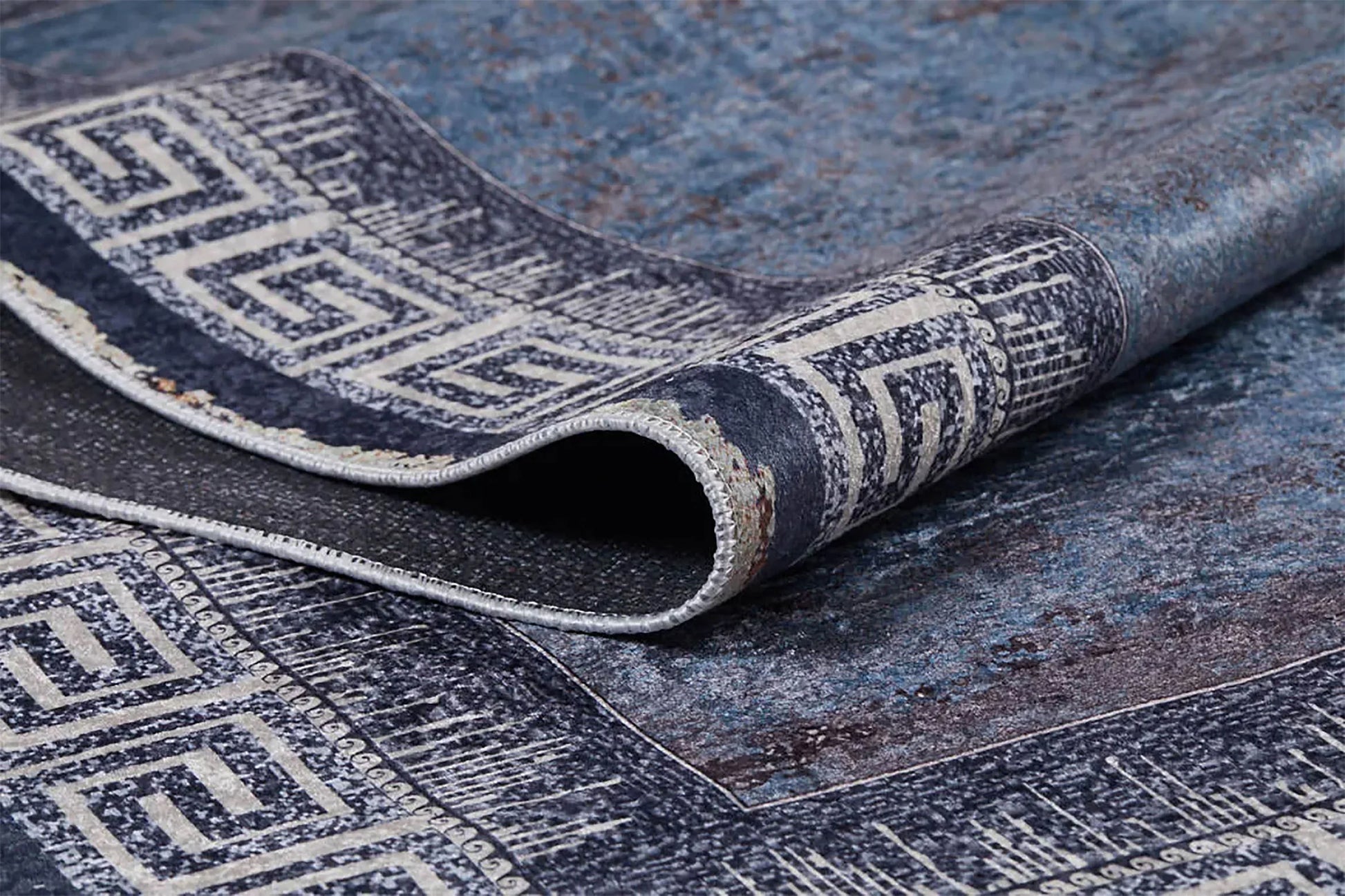 Vintage Çelik Mavisi Beyaz Yunan Anahtar Bordürlü Halı-Pera Halı