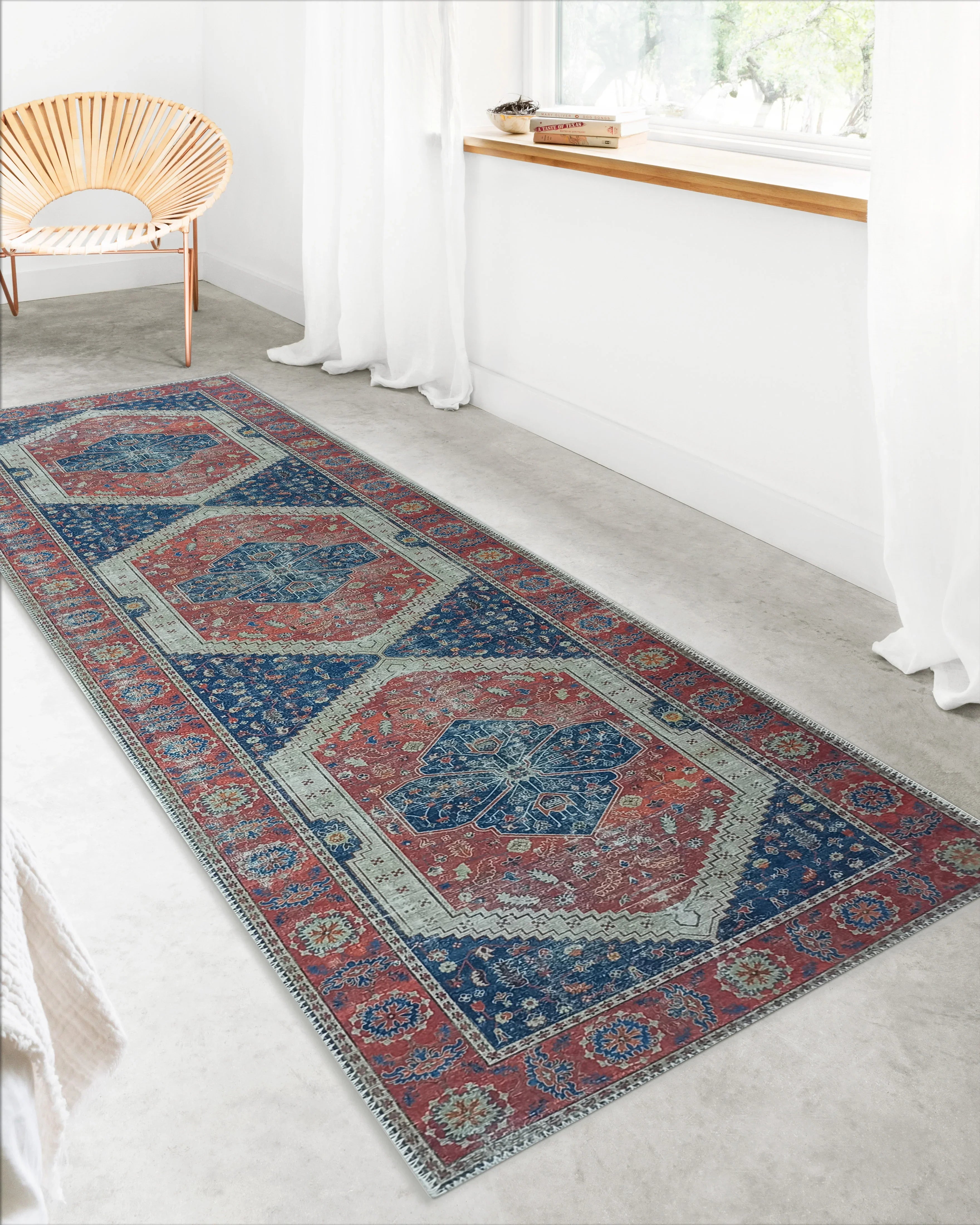 Vintage Eskitme Kırmızı Mavi Halı-Pera Halı