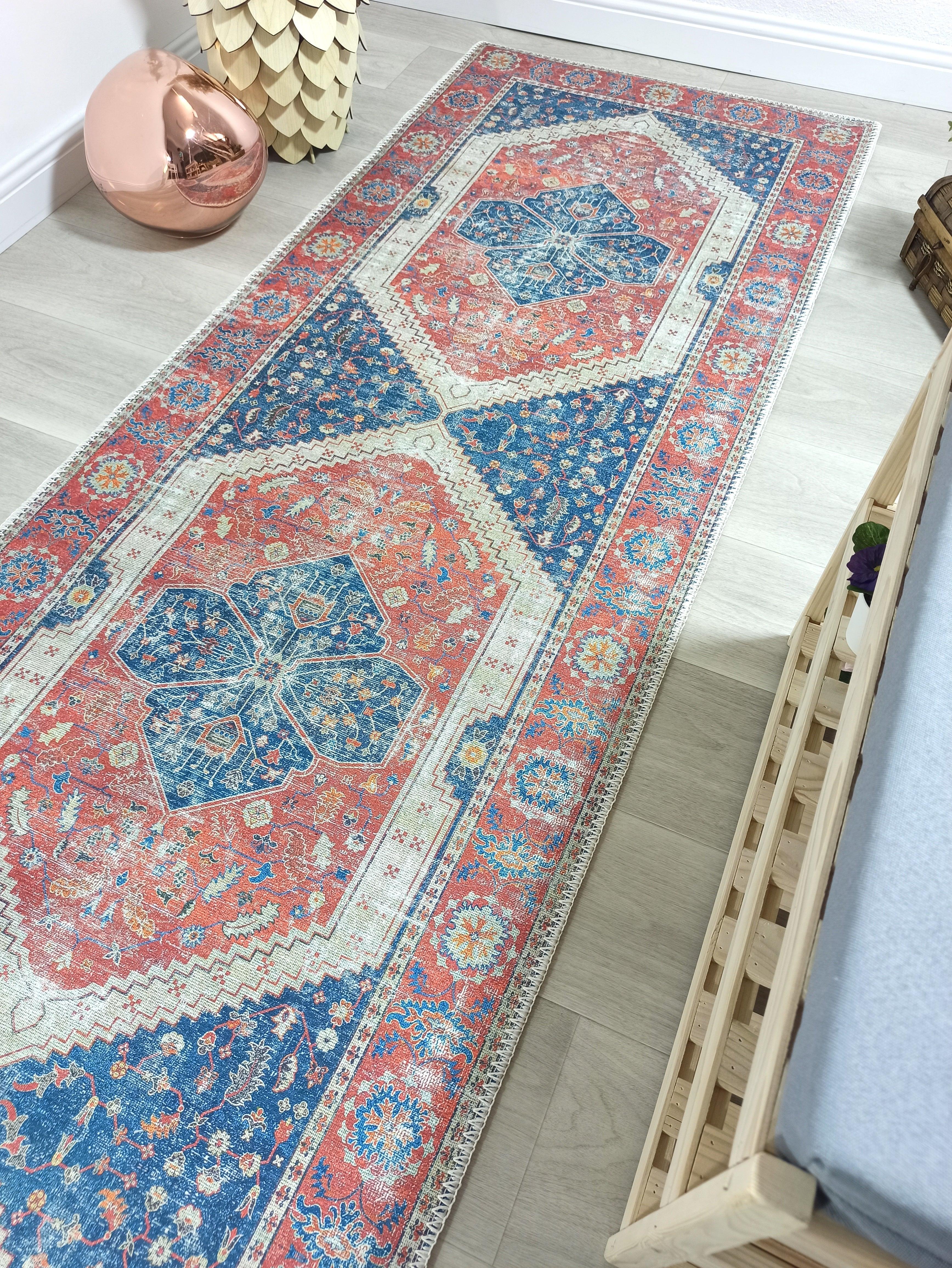 Vintage Eskitme Kırmızı Mavi Halı-Pera Halı