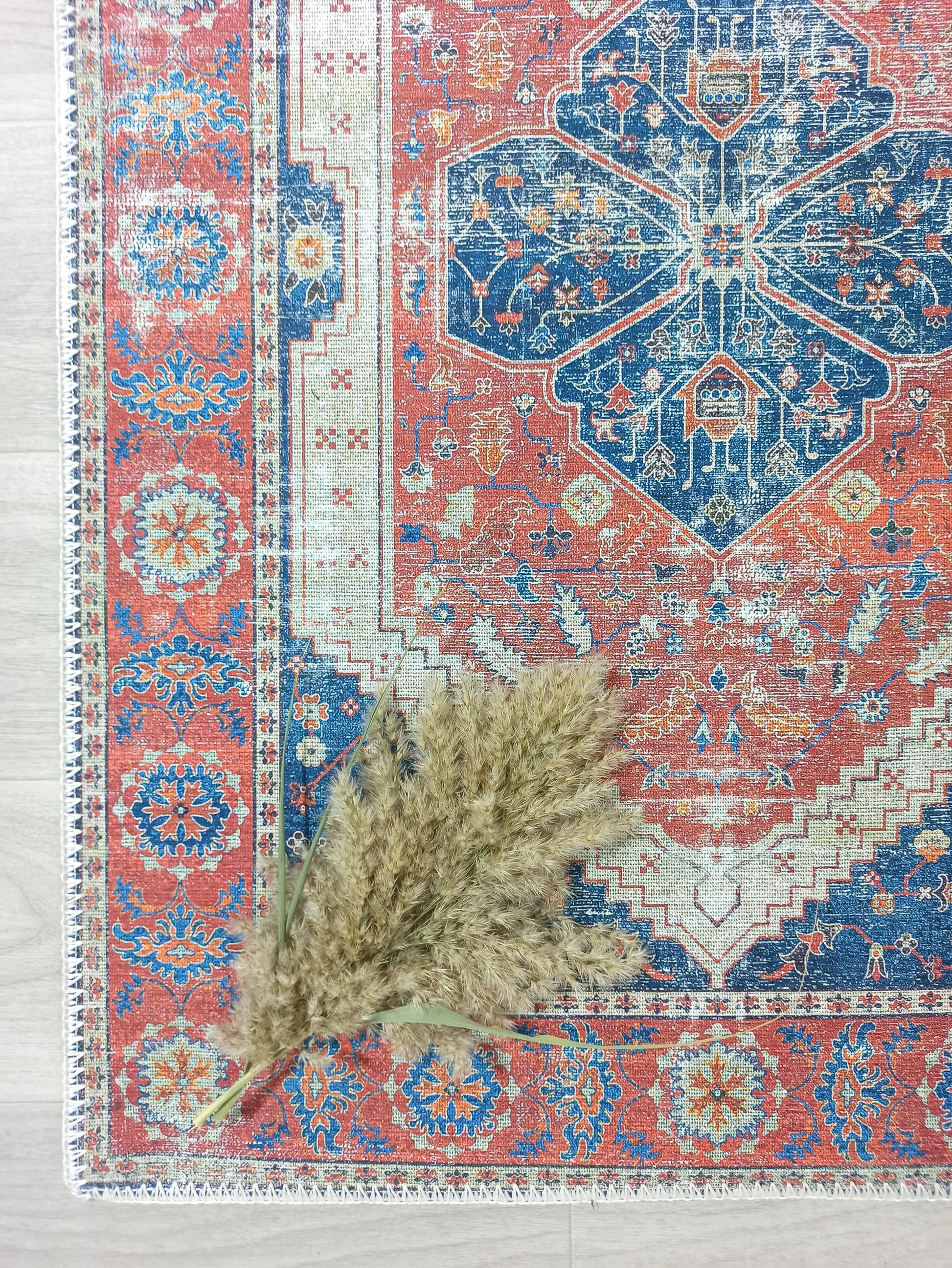 Vintage Eskitme Kırmızı Mavi Halı-Pera Halı