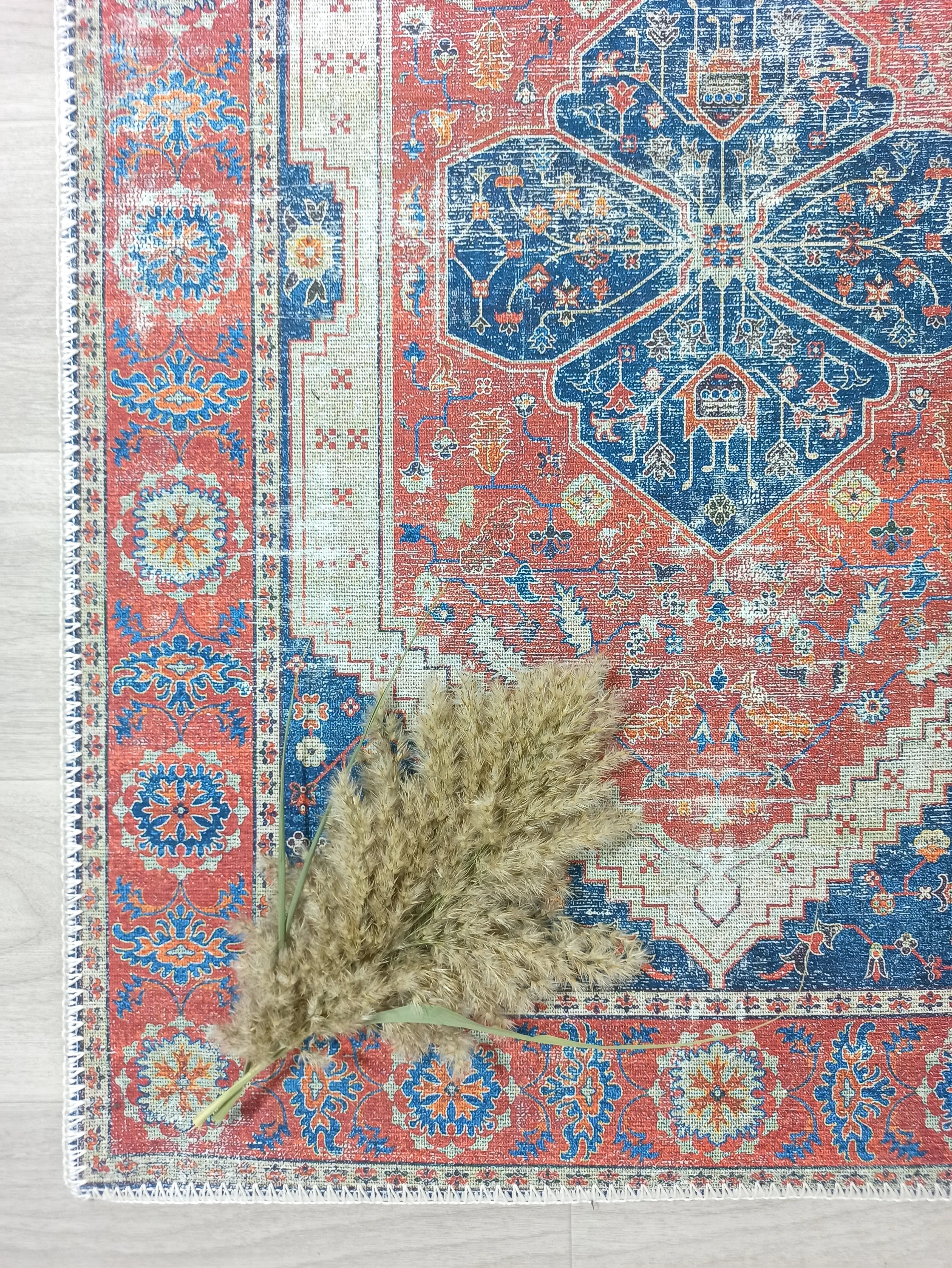 Vintage Eskitme Kırmızı Mavi Halı-Pera Halı