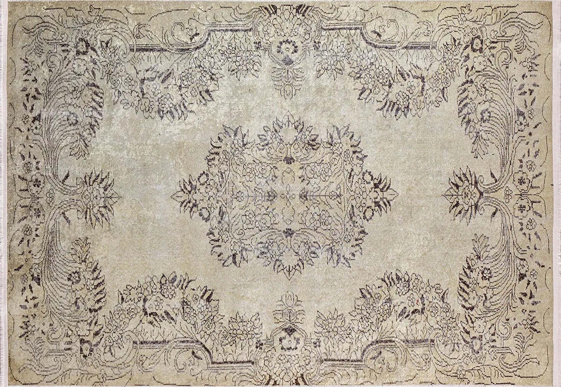 Vintage Eskitme Tarzı Madalyon Desenli Bej Halı-Pera Halı