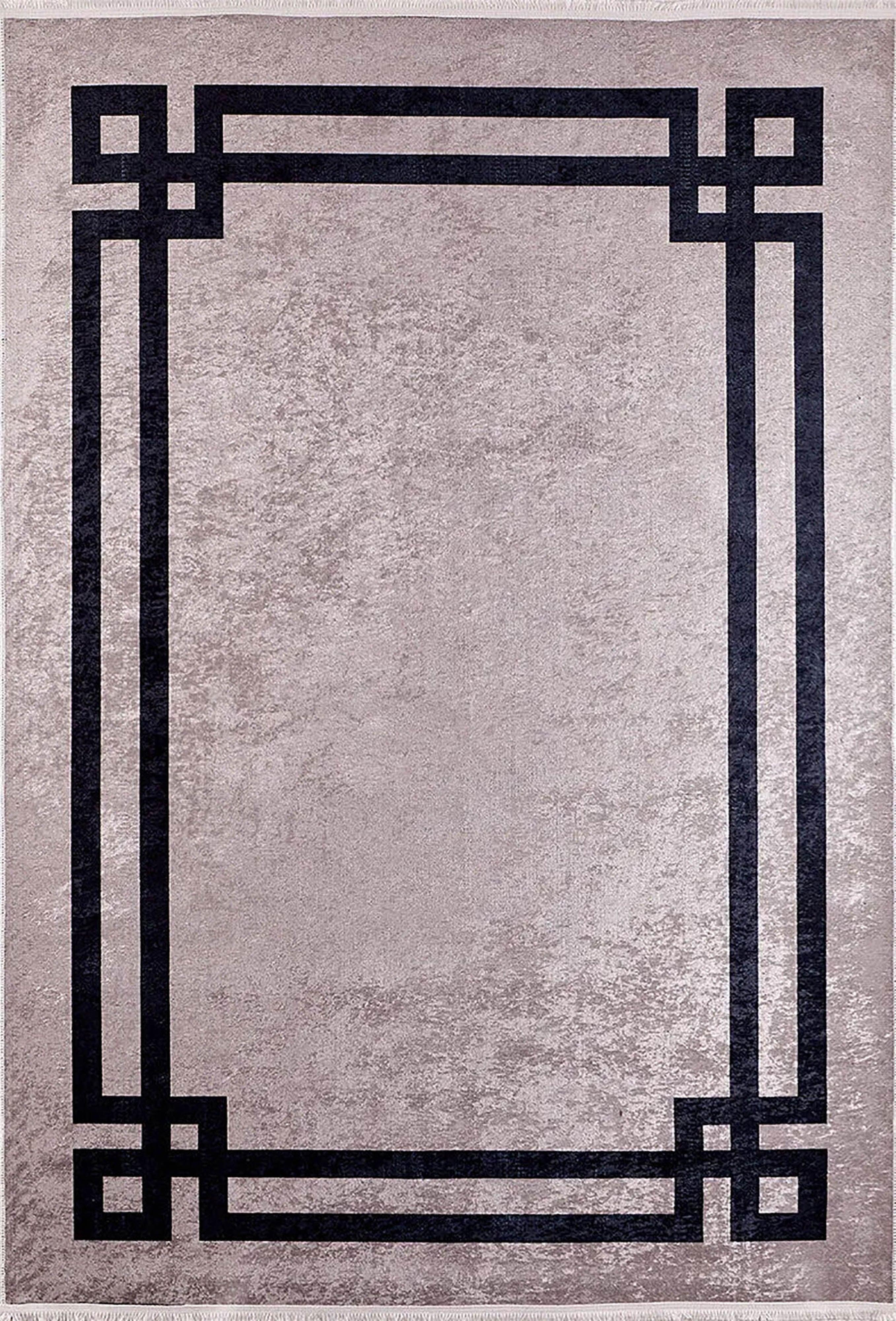 Vizon Siyah Zeminli Art Deco Geometrik Siyah Bordürlü Modern Halı-Pera Halı