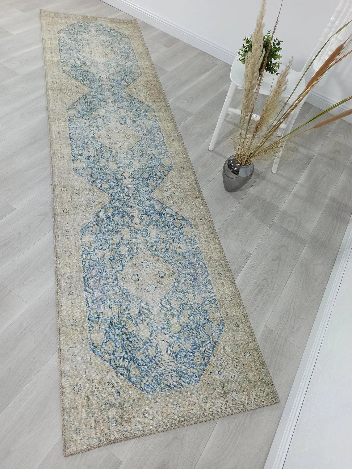 Bej ve Solgun Mavi Medalyonlu Vintage Türk Halısı - OUTLET - T0638OU ...