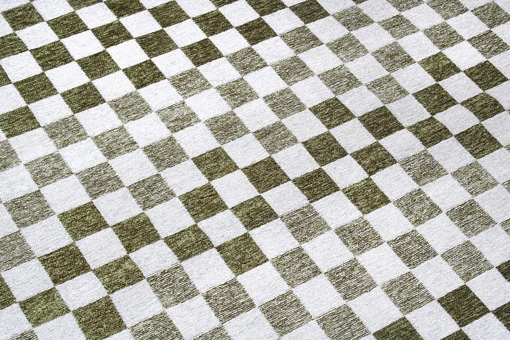 Yeşil Beyaz Modern Geometrik Dama Desenli Yıkanabilir Halı-Pera Halı