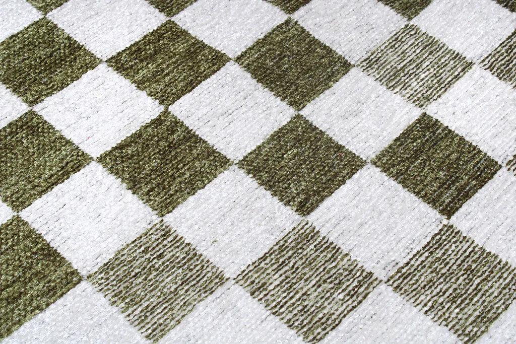 Yeşil Beyaz Modern Geometrik Dama Desenli Yıkanabilir Halı-Pera Halı